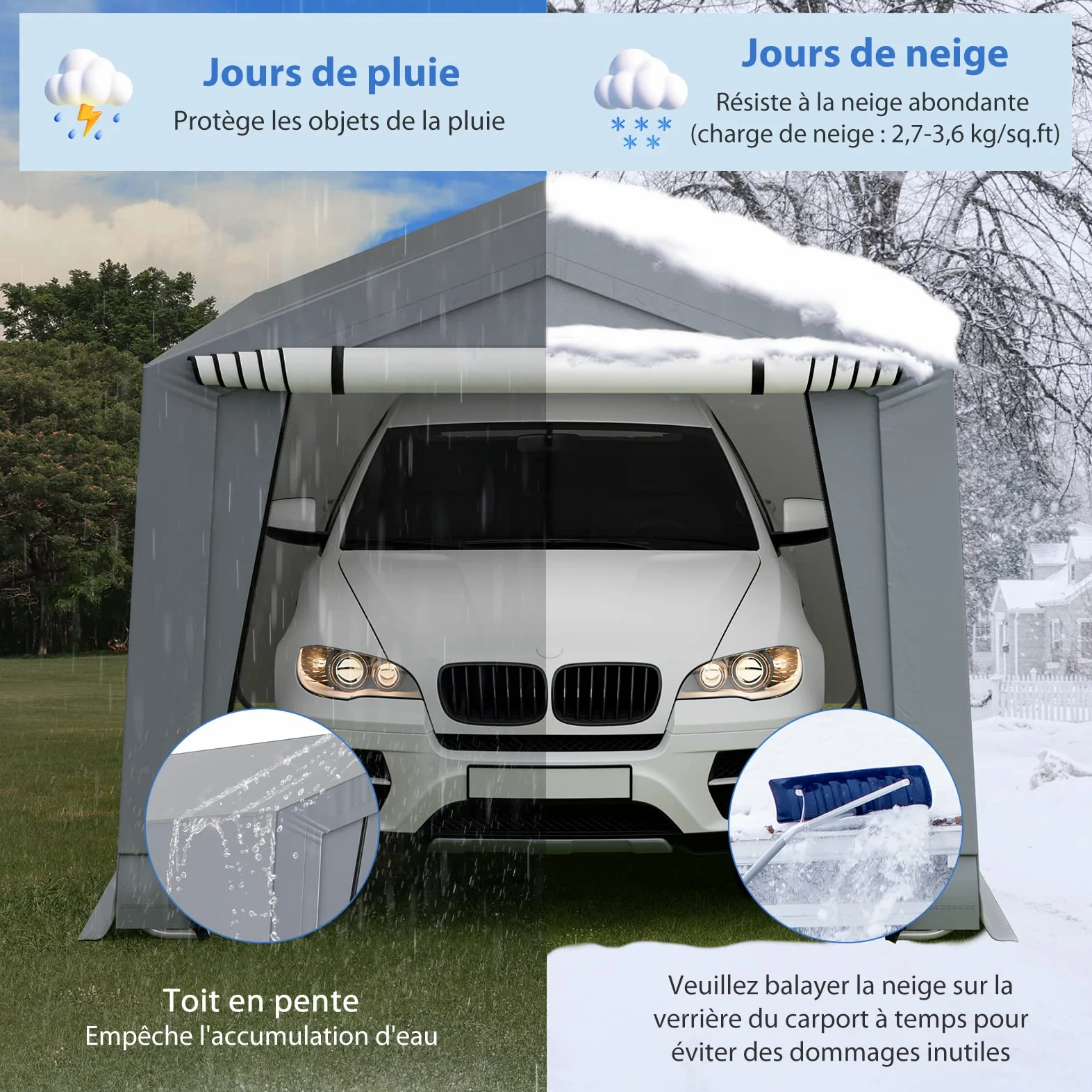 COSTWAY Tente Garage Carport Portable en Acier 290 x 490 cm, Abri Voiture Étanche Grand Auvent avec Portes, Poutres Triangulaires, Toutes Saisons pour SUV, Bateau, Cargaison