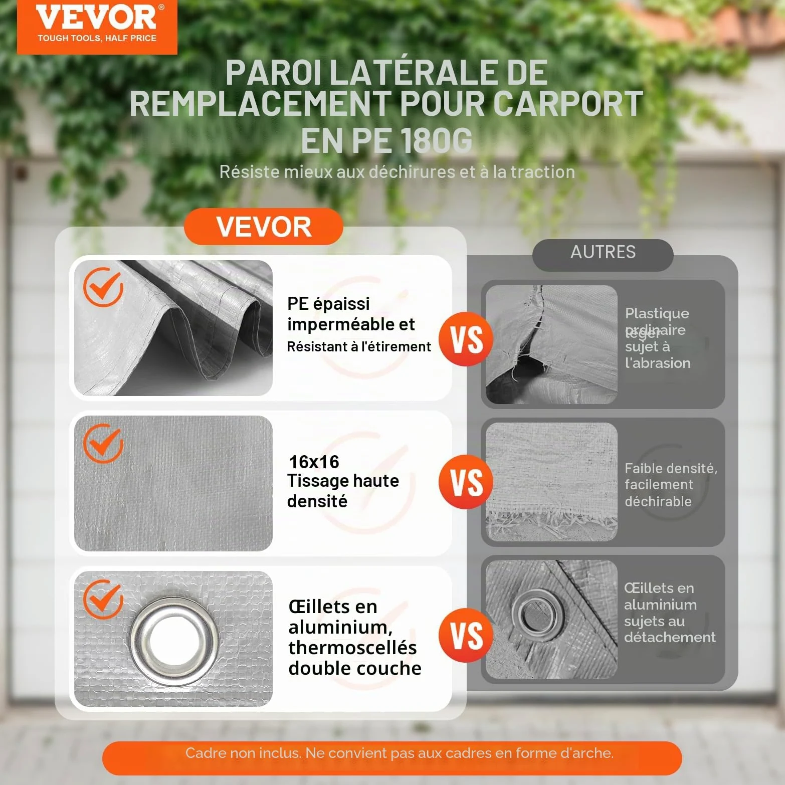 VEVOR Toile d'auvent de rechange pour abri de voiture, 6,1x4 m, bâche de garage paroi latérale, imperméable protégée contre UV, installation facile élastiques à billes, gris (haut et cadre non inclus)