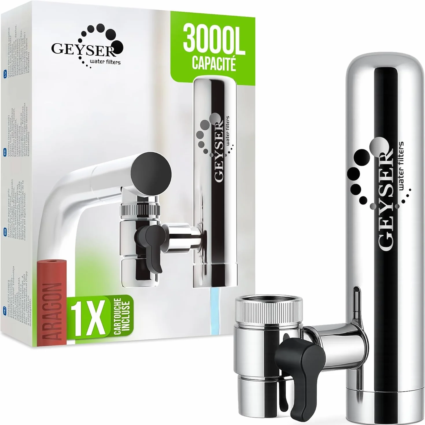 GEYSER EURO Filtre à Eau pour Robinet 3000L Système Cartouche Aragon Réduit Métaux Lourds Chlore Bactéries Pesticides