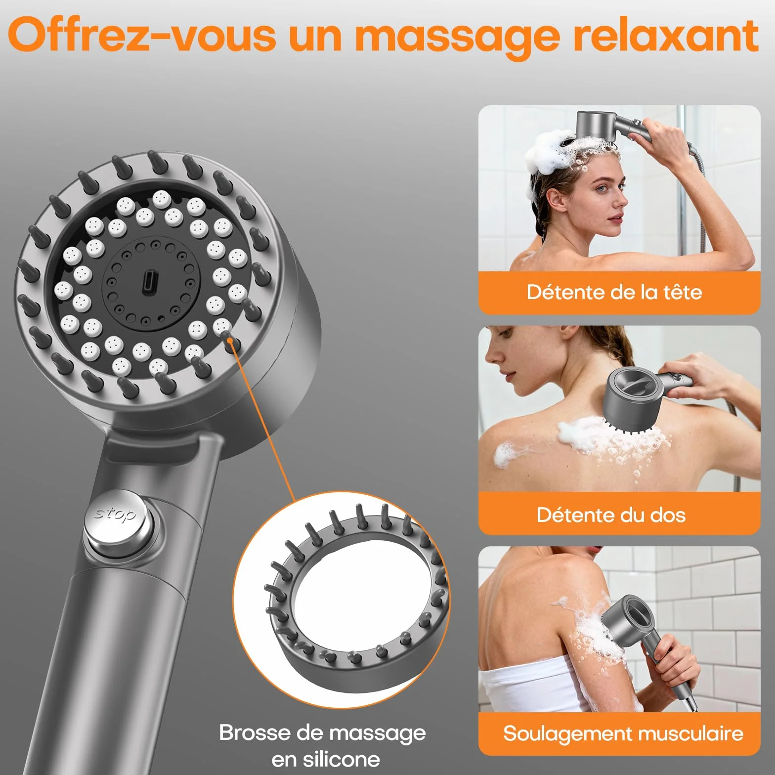 FEELSO Pommeau de Douche Anti Calcaire avec Filtre 15 Couches, 3+1 Jets Haute Pression, Stop Eau, Économie d'Eau (Gris)