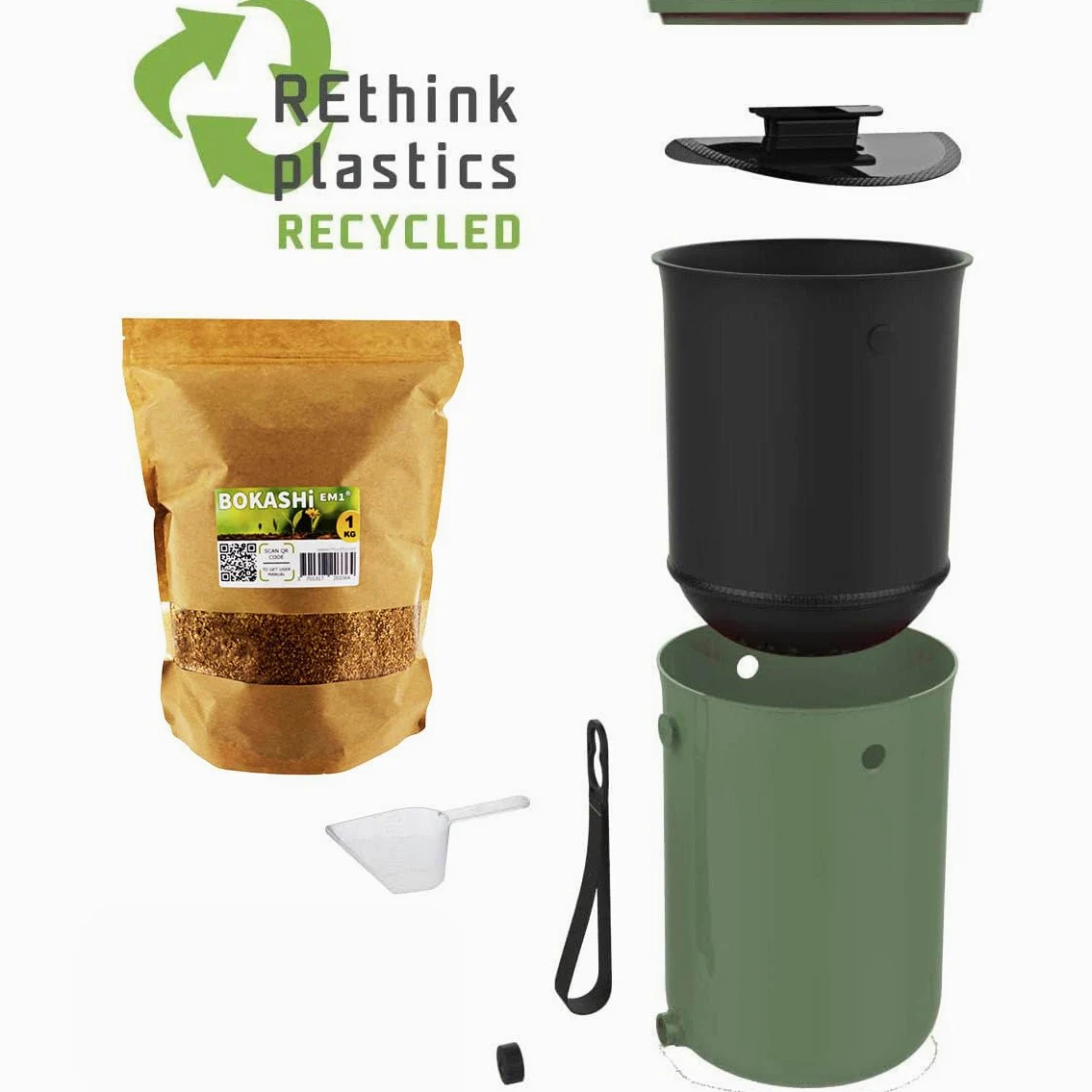 Lot de 2 seaux Bokashi Organko 2 Olive (9,6L) | Composteur Organique avec compacteur + 1 kg d'Activateur EM-1 de Fermentation fabriqué en France