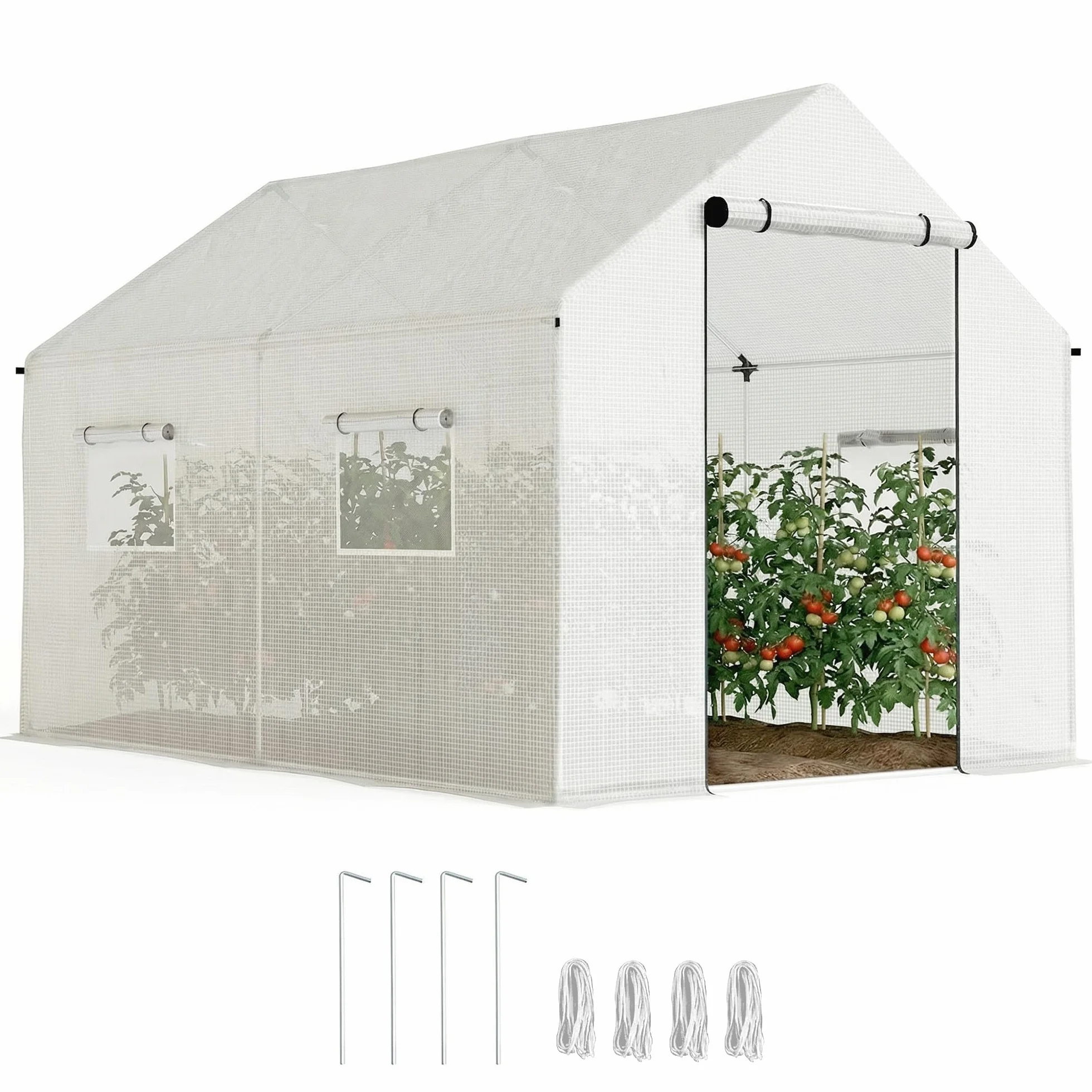 Outsunny Serre de Jardin Tunnel 2 x 3m, 6m² avec Porte Enroulable, 4 fenêtres, - Acier galvanisé PE Haute densité Blanc