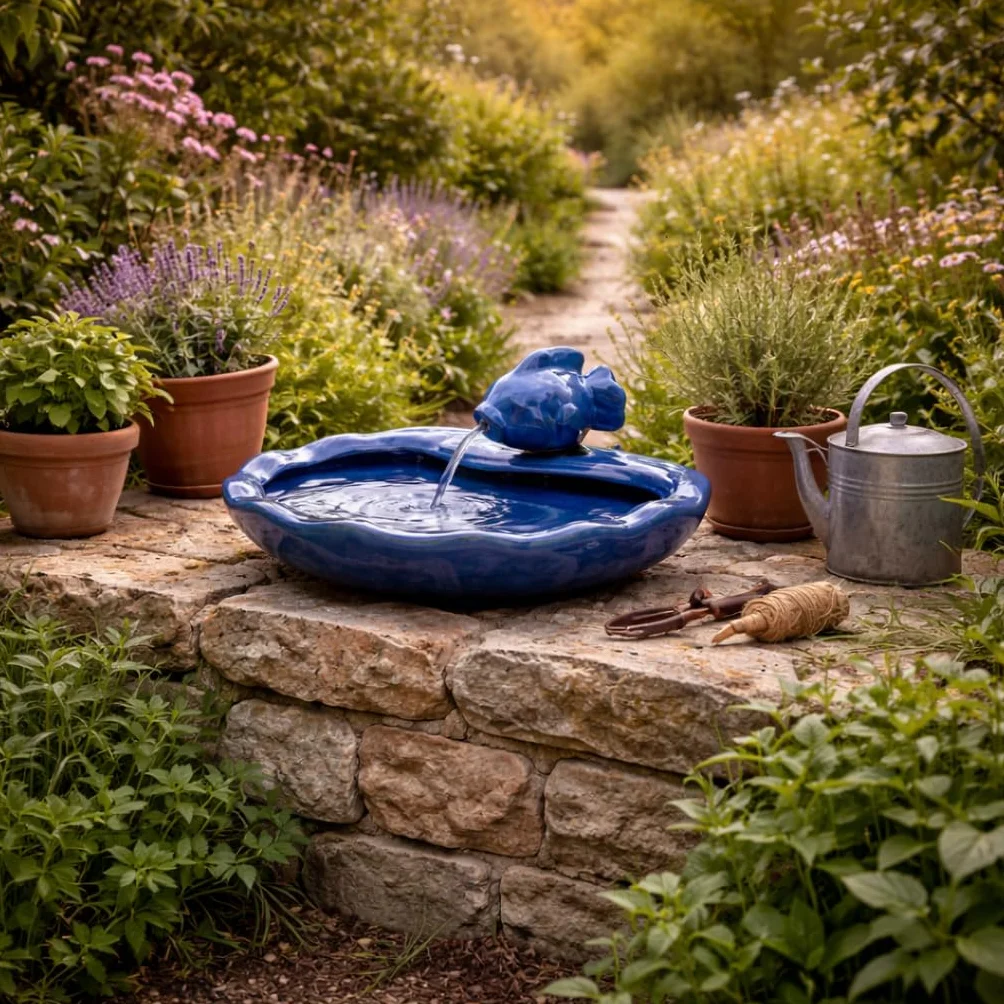 Fontaine à eau en céramique solaire 37 cm poisson bleu émaillée IP44 jardin extérieur