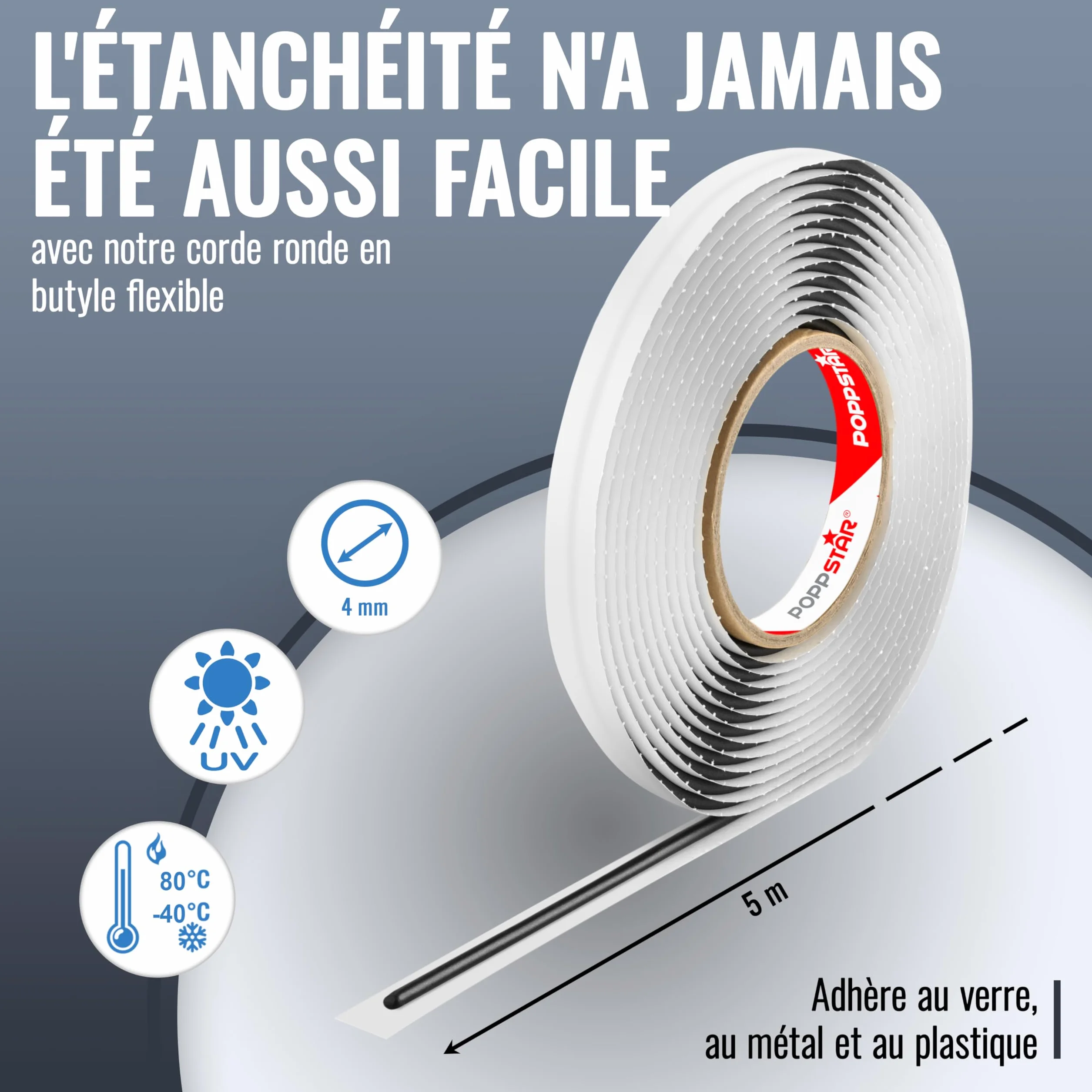 Cordon adhésif rond en butyle POPPSTAR 5 m x 4 mm, Mastic joint caoutchouc Noir