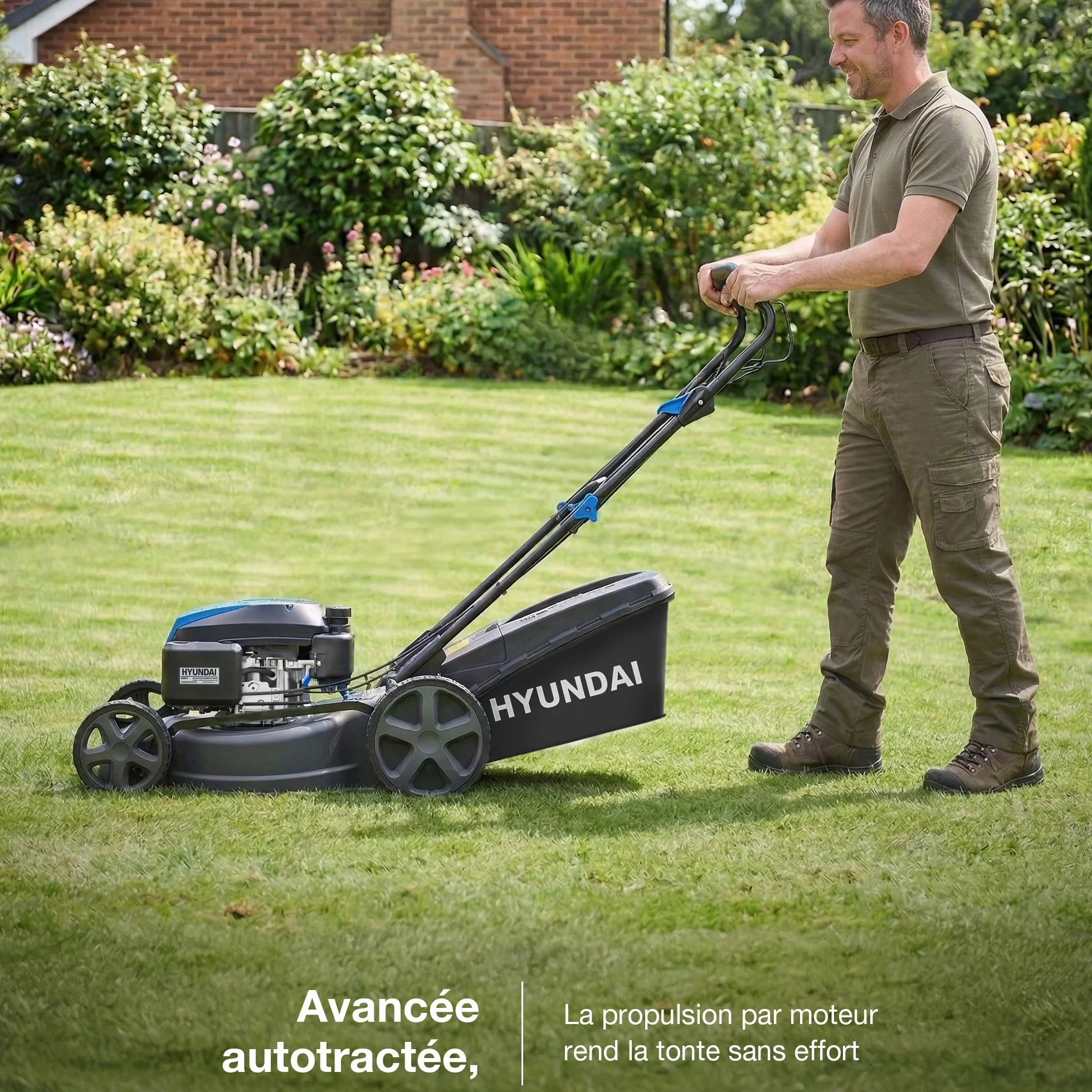 Hyundai Tondeuse à Gazon Thermique Autotractée 46 cm 139 cm3 3,7 CV 4 Temps Bac 60 L Coupe 4-en-1 Mulching Carter Acier HYM18150SPX