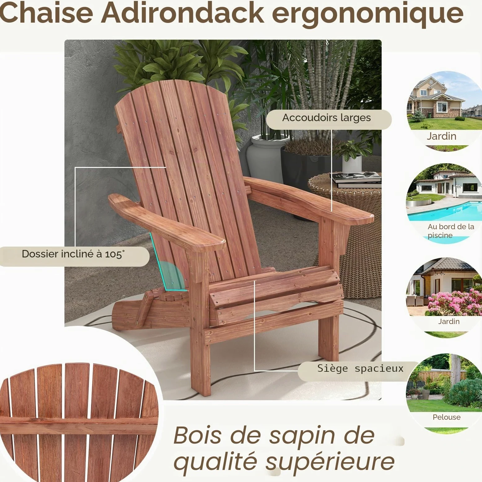 KOMFOTTEU Fauteuil Adirondack, Bois de Sapin, Chaise de Jardin Pliable, Charge de 180 kg, Design Ergonomique, Chaise de feu de Camp, Sièges en Terrasse avec Dossier et Accoudoirs (Lot de 1, Naturel)