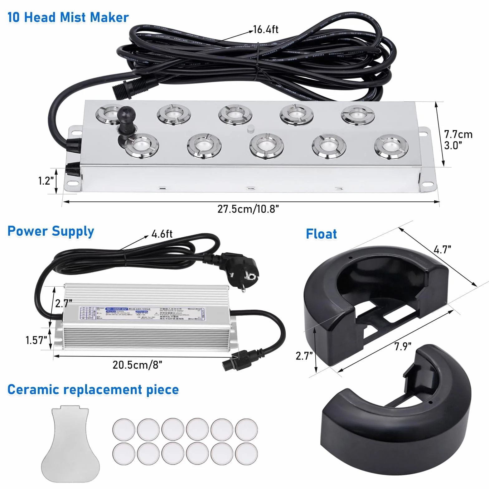 Nébuliseur à brouillard ultrasonique 10 têtes 7L/H 350W avec bouée et disques de rechange