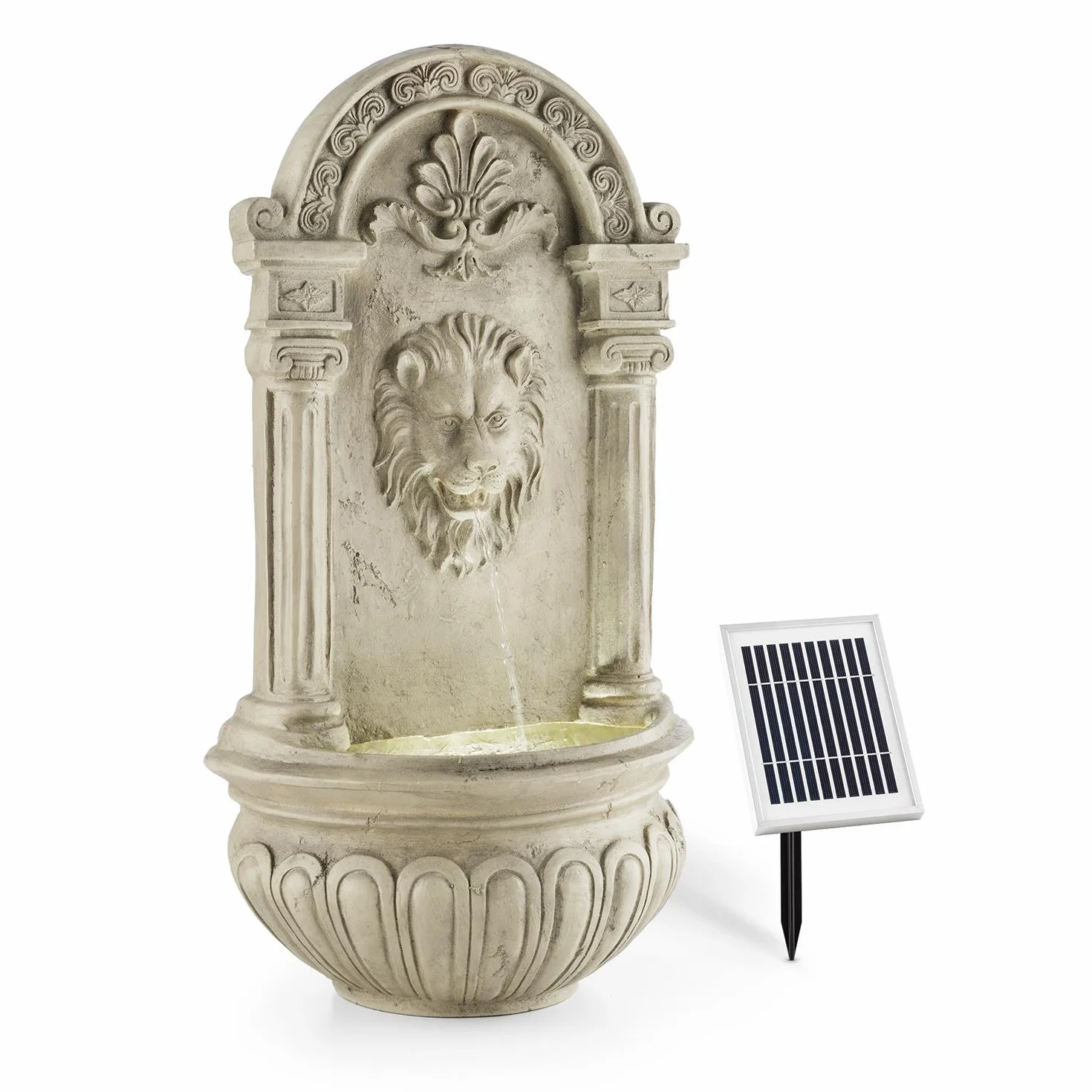 Blumfeldt Löwenstein Fontaine Murale Solaire Jardin Tête Lion Pompe Solaire 2W Polyrésine 4 LED Blanches Câble 5m Panneau Solaire Batterie Imitation Pierre