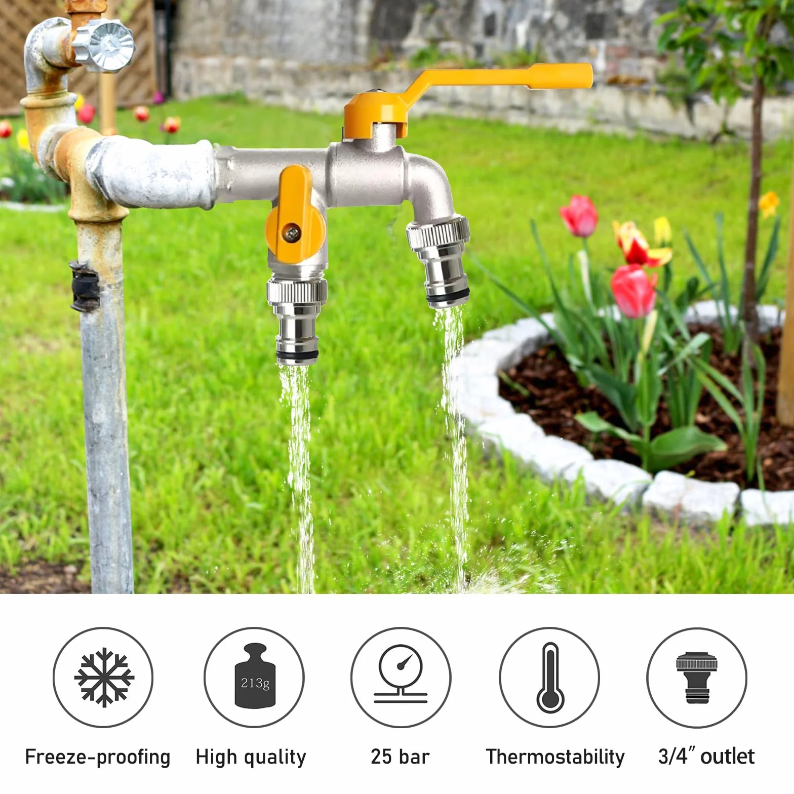 Robinet de Jardin Double Sortie en Laiton 1/2" Antigel avec 2 Sorties 3/4" et Ruban d'Étanchéité
