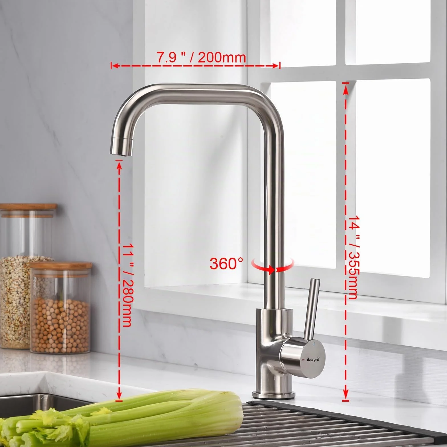 Ibergrif mitigeur monocommande acier inoxydable brossé pivotant 360° haute pression bec 28 cm design d'angle moderne