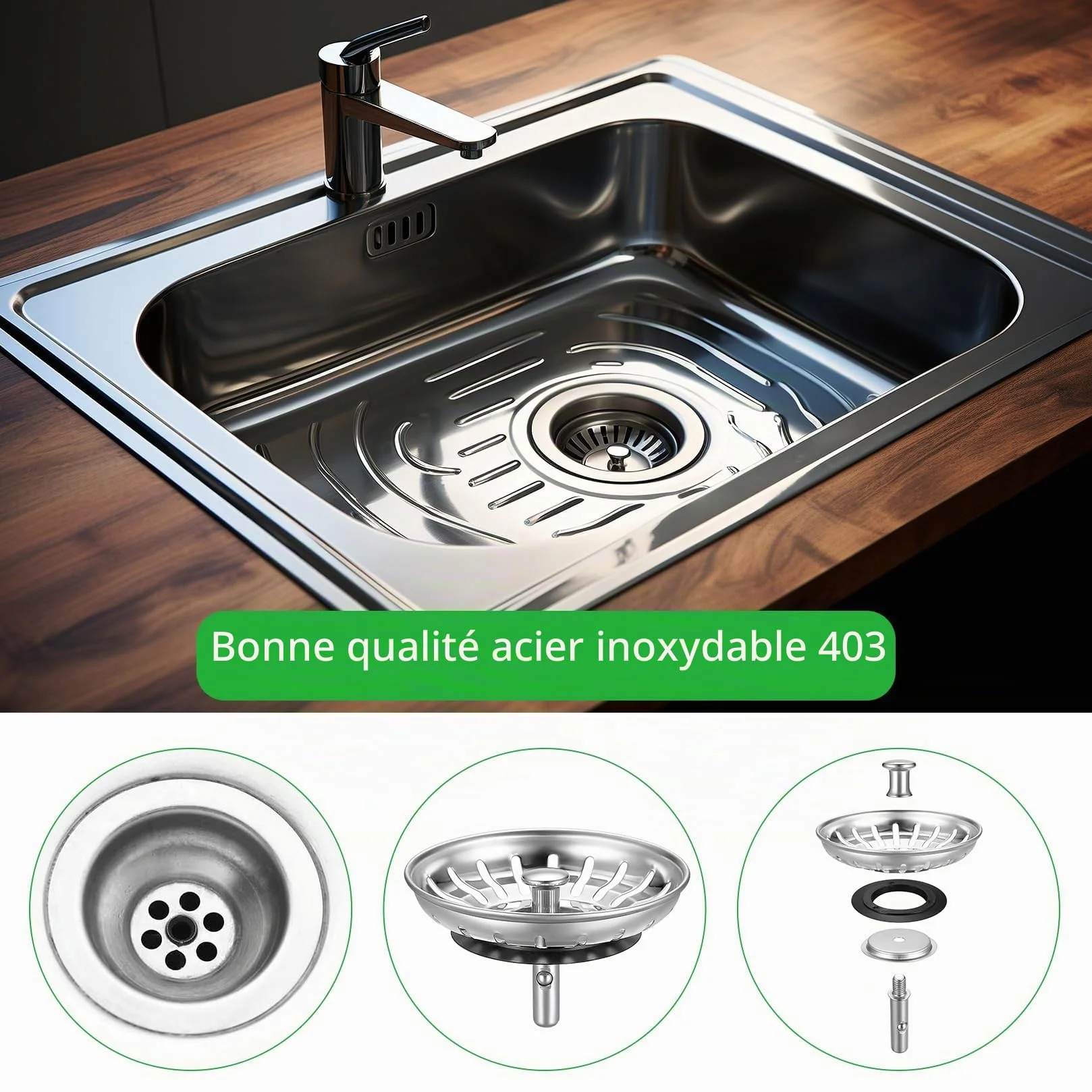 HUAERSICO Bouchon évier Cuisine 84mm Filtre INOX Joints Rechange
