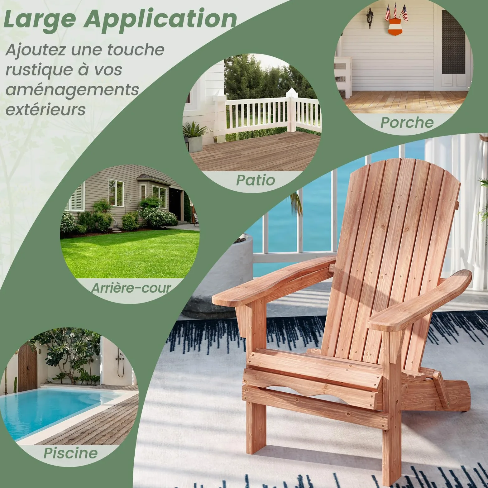 GOPLUS Lot de 2 Chaises Adirondack, Chaise d'Extérieur Pliable avec Cadre Bois Massif, Dossier Incurvé et Accoudoirs Larges, Max. 180 Kg, pour Terrasse, Jardin, Piscine (89 x 71 x 94 cm,Naturel)