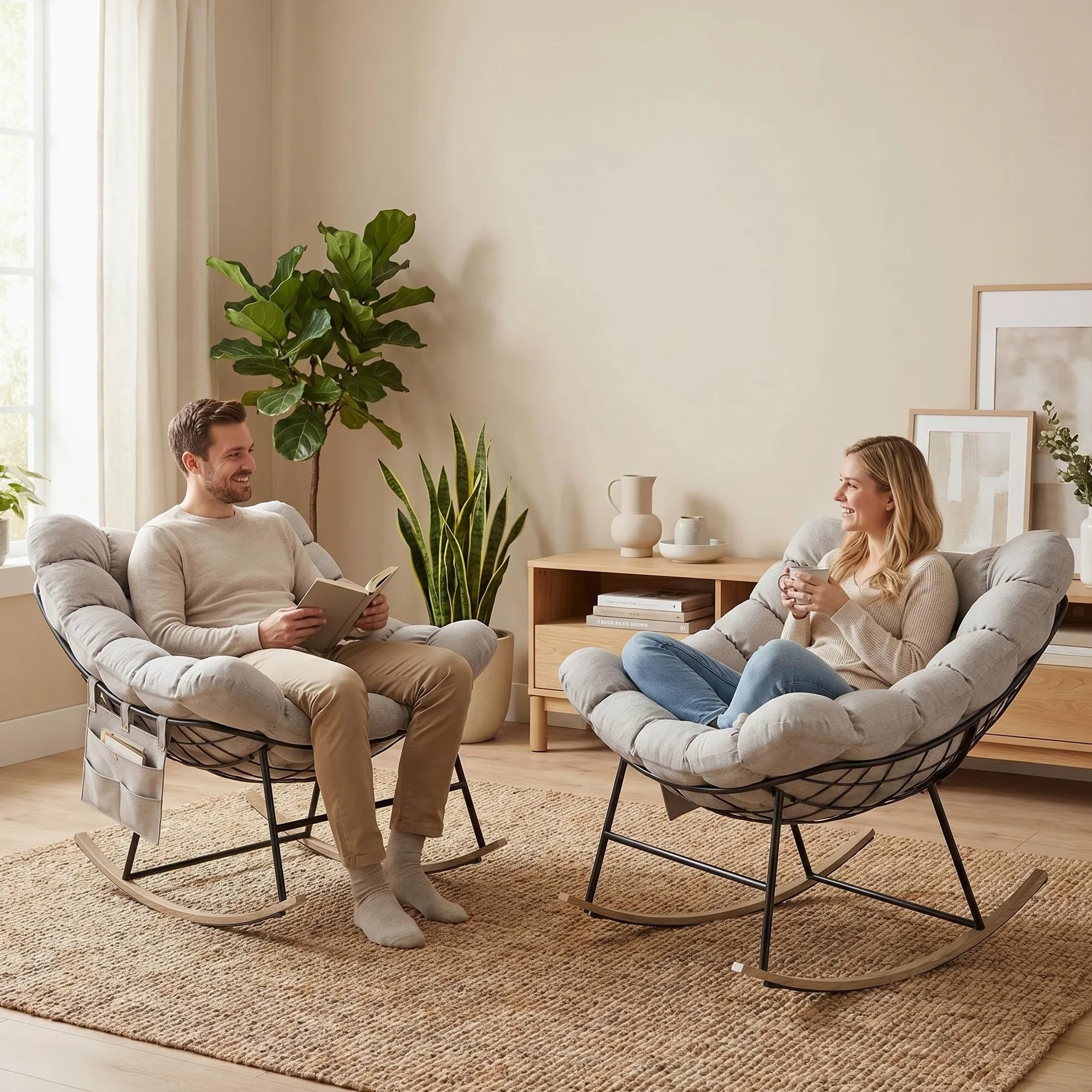 Fiutazge Lot de 2 Fauteuil à Bascule Papasan Surdimensionné Cadre Acier Charge 180kg,Coussin Rembourré pour Jardin Salon Balcon,Beige