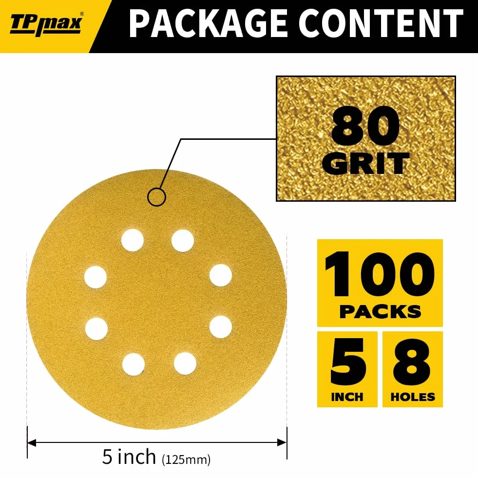 Disques Abrasifs Auto-agrippants 125mm 8 Trous 100 Pièces Grain 80 pour Ponceuse Orbitales