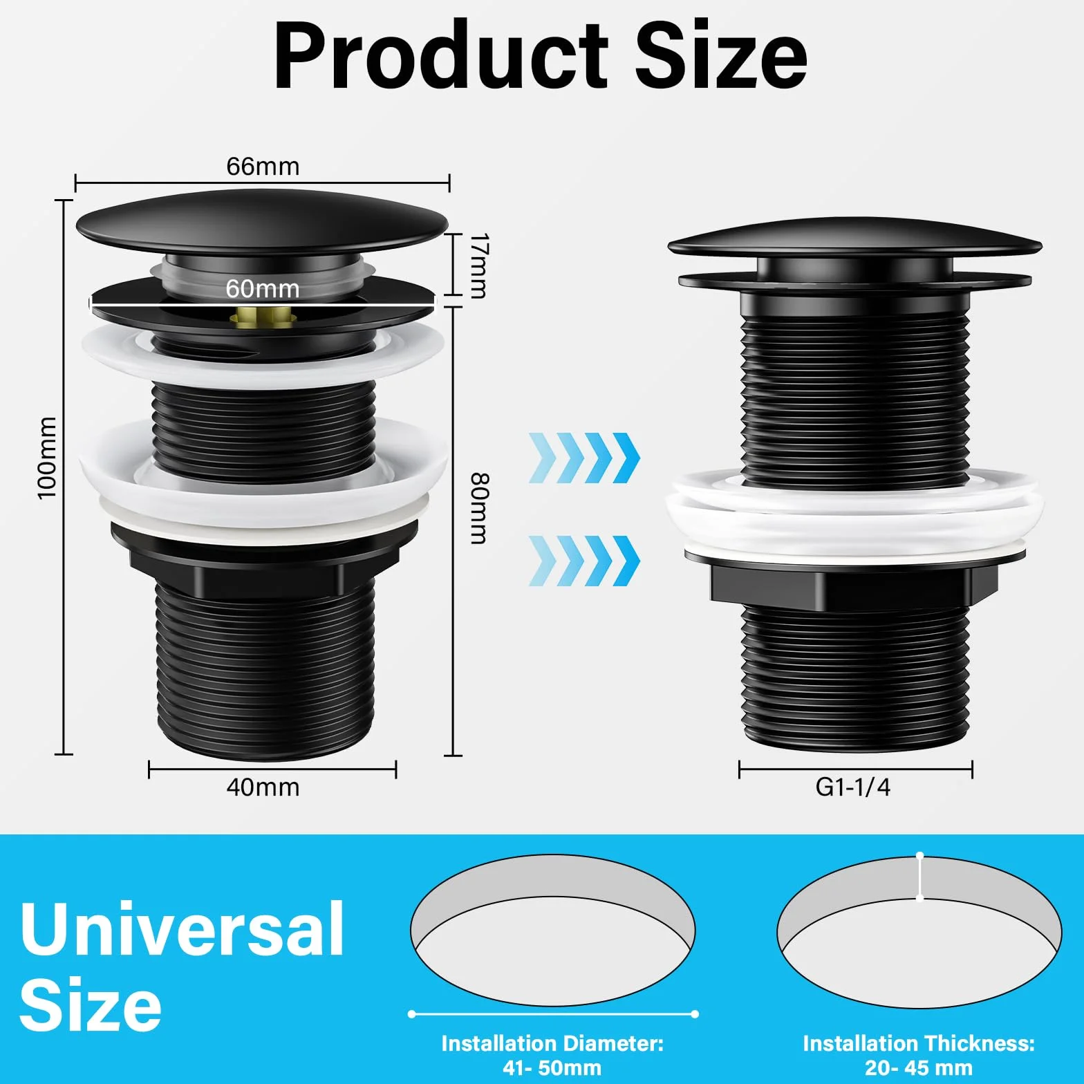 Bonde de Lavabo Sans Trop Plein Noir Clic Clac Universelle G 1 ¼ avec Joint pour Vasque