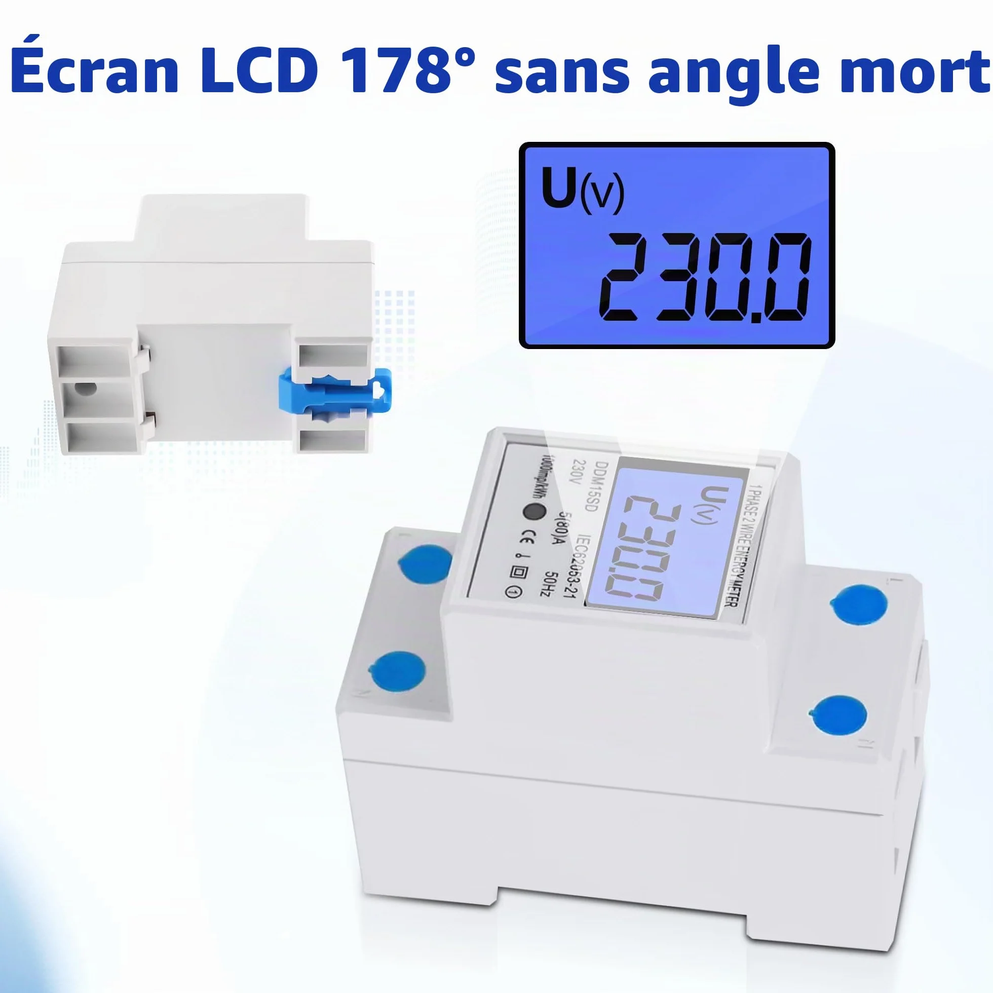 Compteur Électrique Monophasé LCD Rétroéclairé 50/60Hz Rail DIN 230 5(80)A Mesureur Consommation kWh