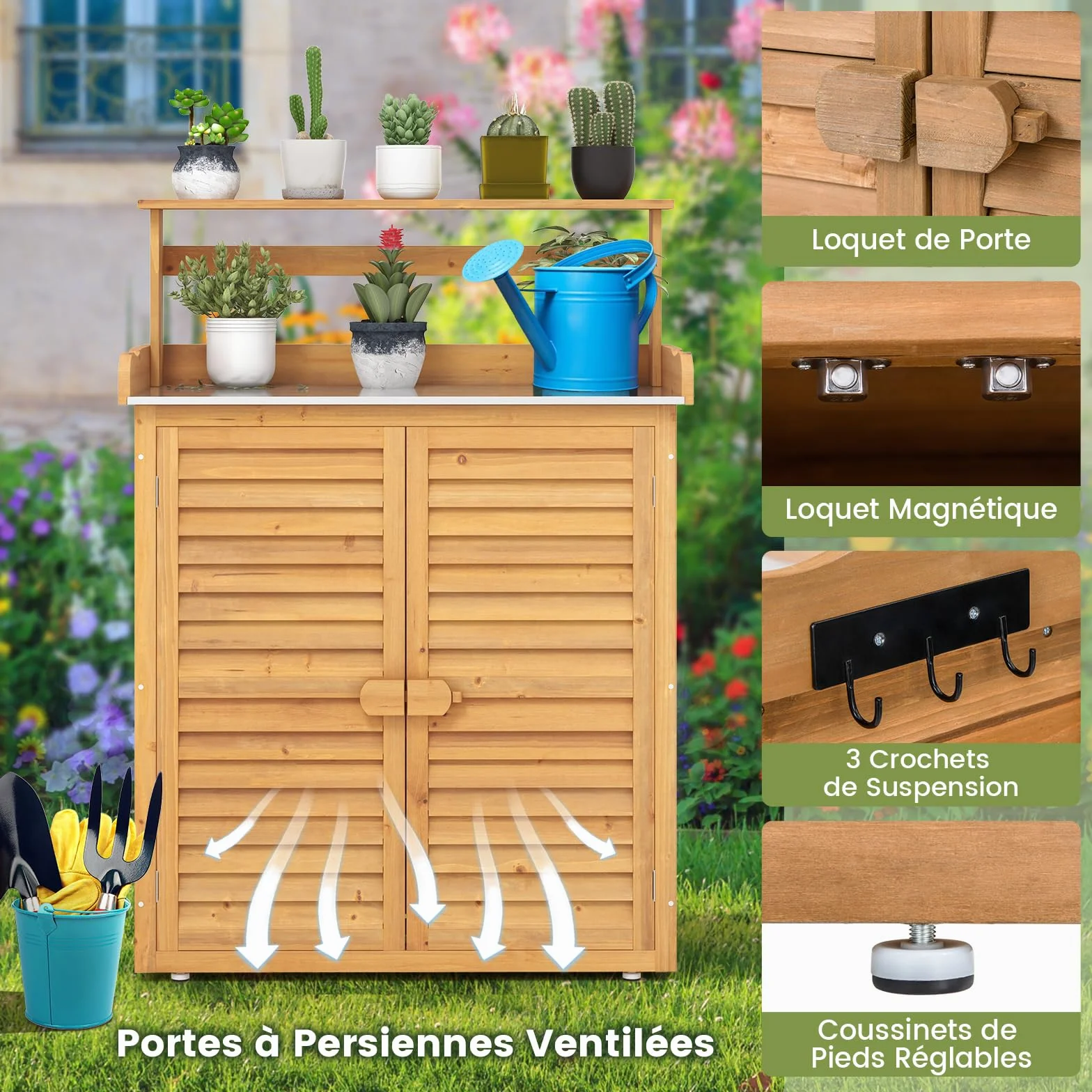 GOPLUS Table de Rempotage en Bois de Sapin, Armoire de Rangement de Jardin avec Plateau en Métal, 87 x 45 x 120 cm, Naturel