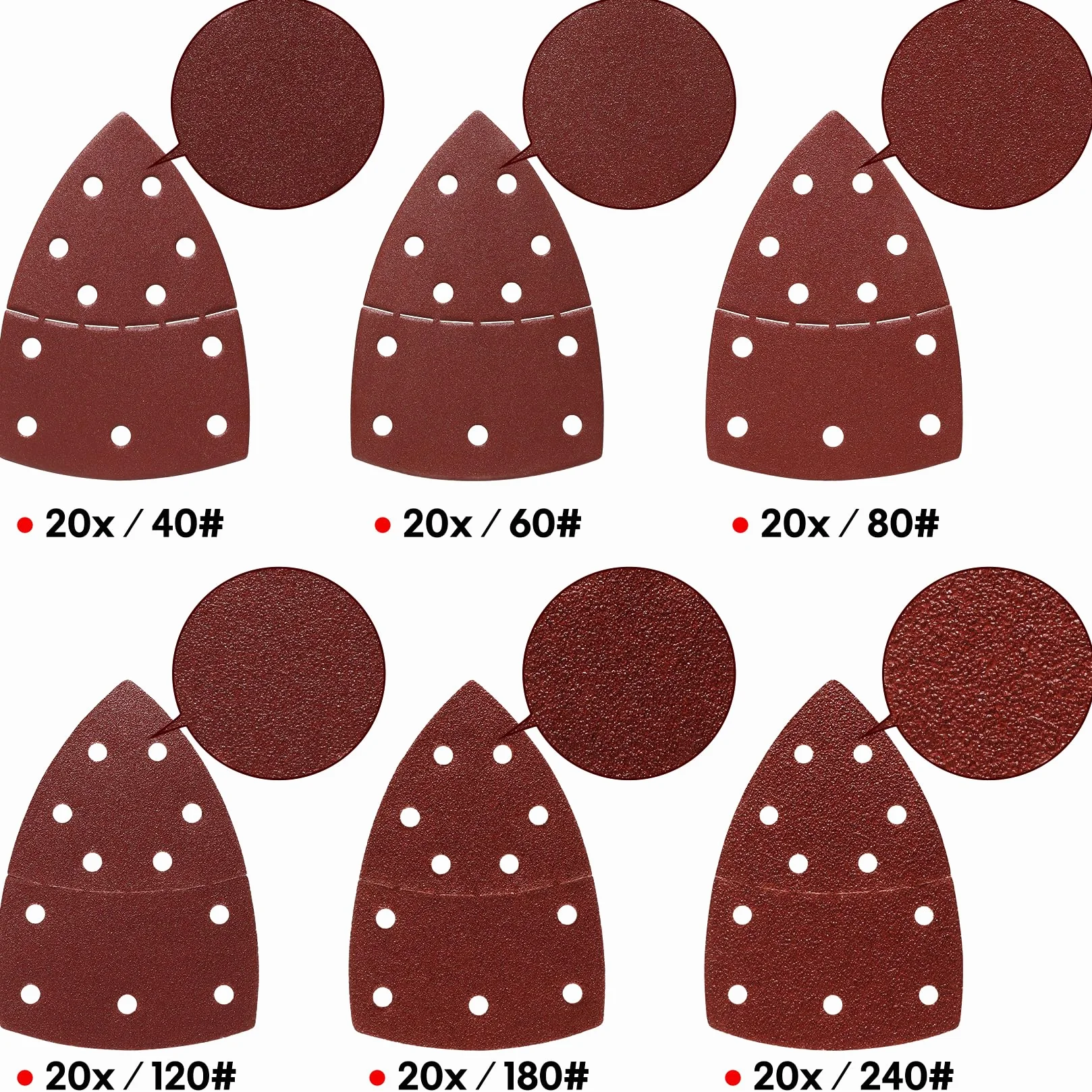 SHALL Lot 120 feuilles abrasives triangulaires 105x152 mm ponceuse multifonctions grains 40-240