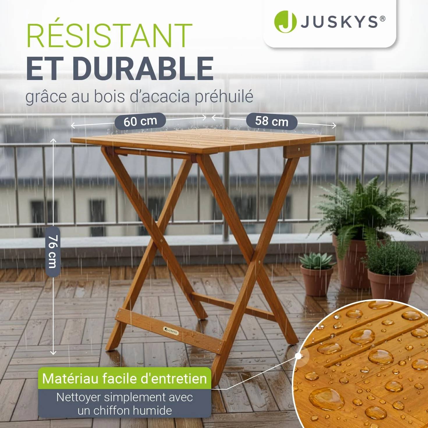 Table d'appoint extérieur Zadar XL Acacia traité 76 x 60 x 60cm Pliable Balcon Terrasse