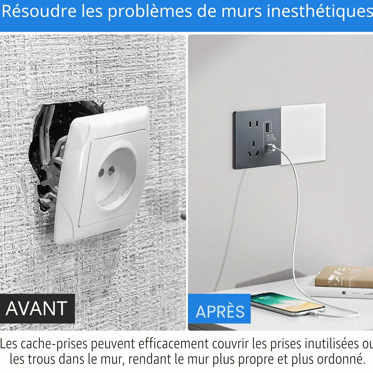 Lot de 2 cache-prises encastrées Blanc 8,6 x 8,6 cm pour prises non utilisés