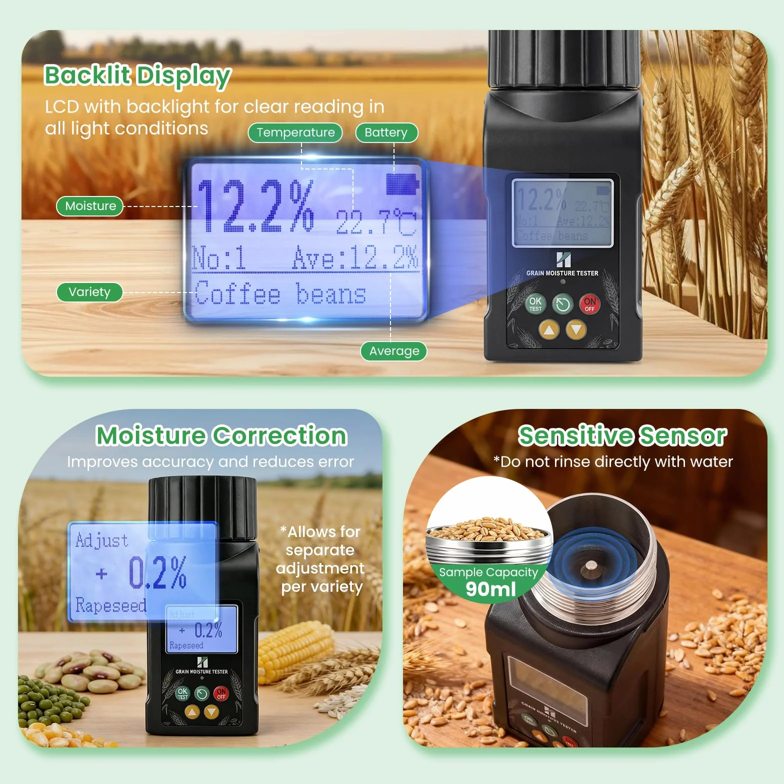 Humidimètre pour céréales Huanyu, testeur d'humidité portable, précision ±0,5%, 40 types, compensation de température