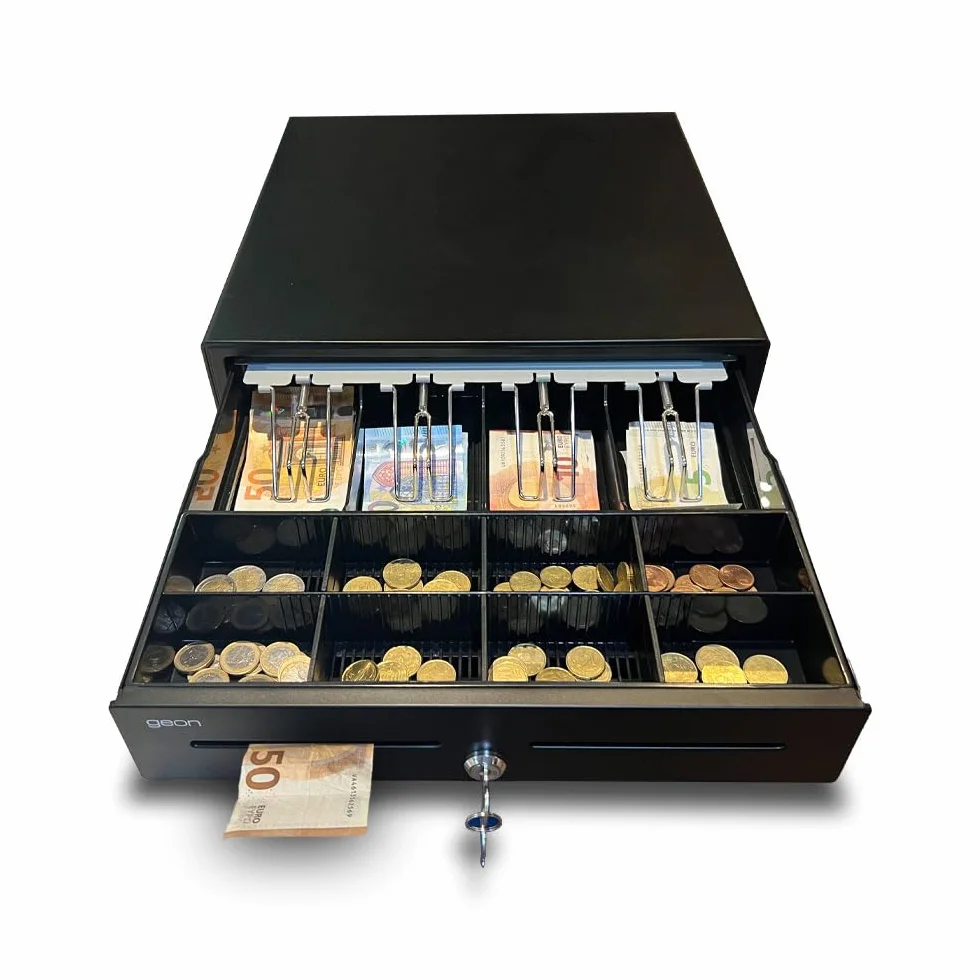 Tiroir Caisse Enregistreuse 41x41,5x11,5cm Ouverture Automatique RJ11/RJ12 Manuelle avec Clés 4 Compartiments Billets 8 Pièces Glissières Métalliques Noir