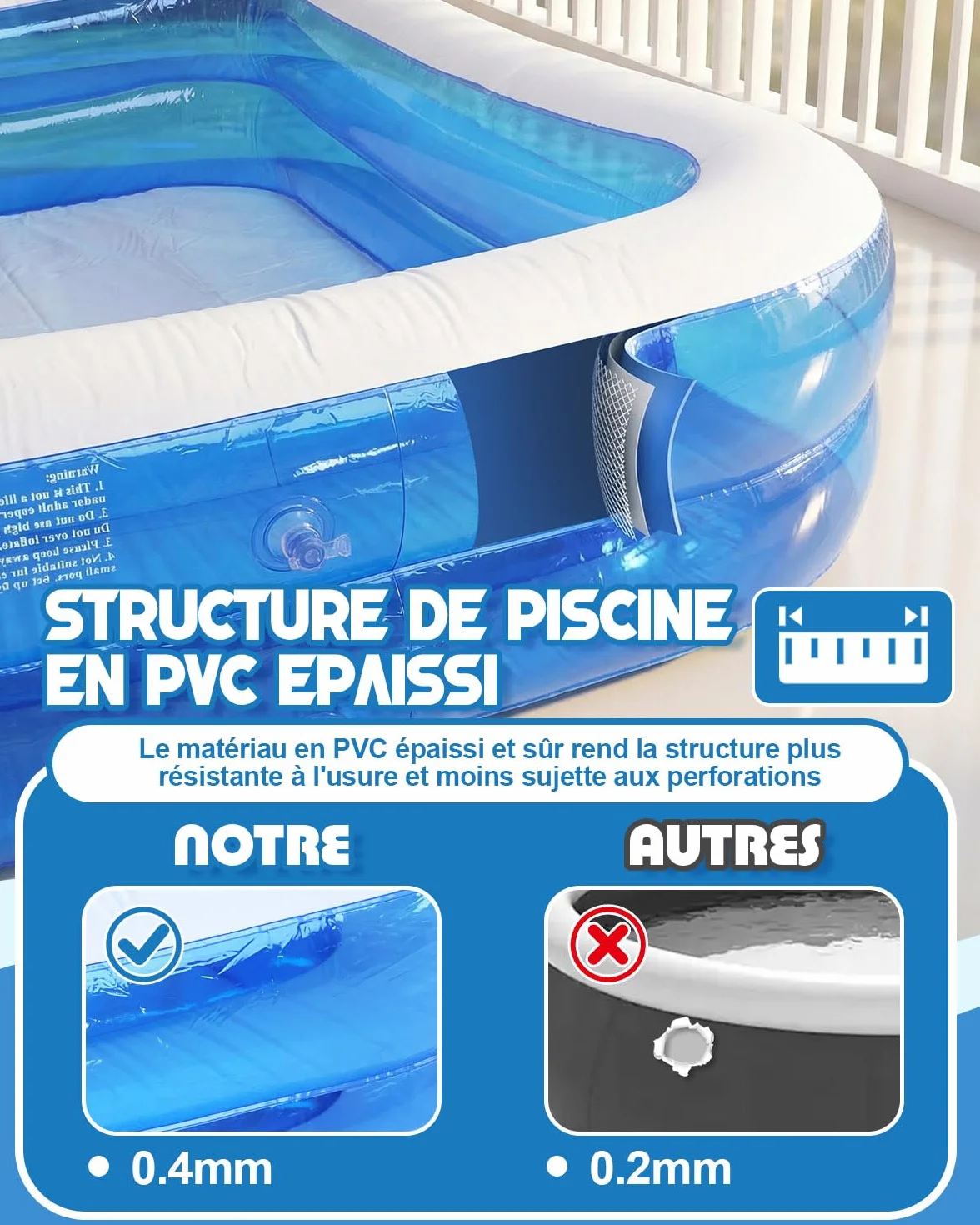 Piscine Gonflable 260x155x45 cm Rectangulaire pour Enfants Adultes Extérieure Jardin Bassin 2,6M