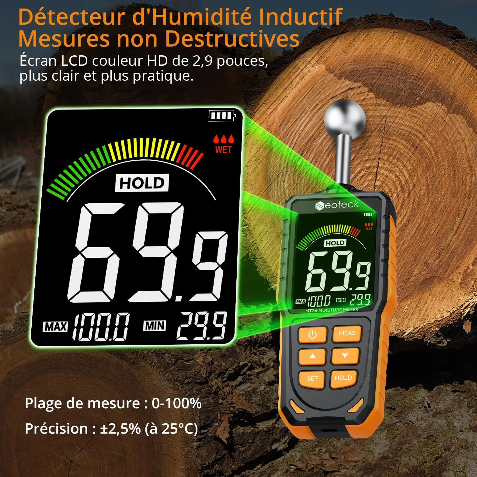 Neoteck Humidimètre Non Destructif USB Rechargeable Profondeur 5-40mm Détecteur Humidité avec Alarme Sonore pour Murs Bois Béton