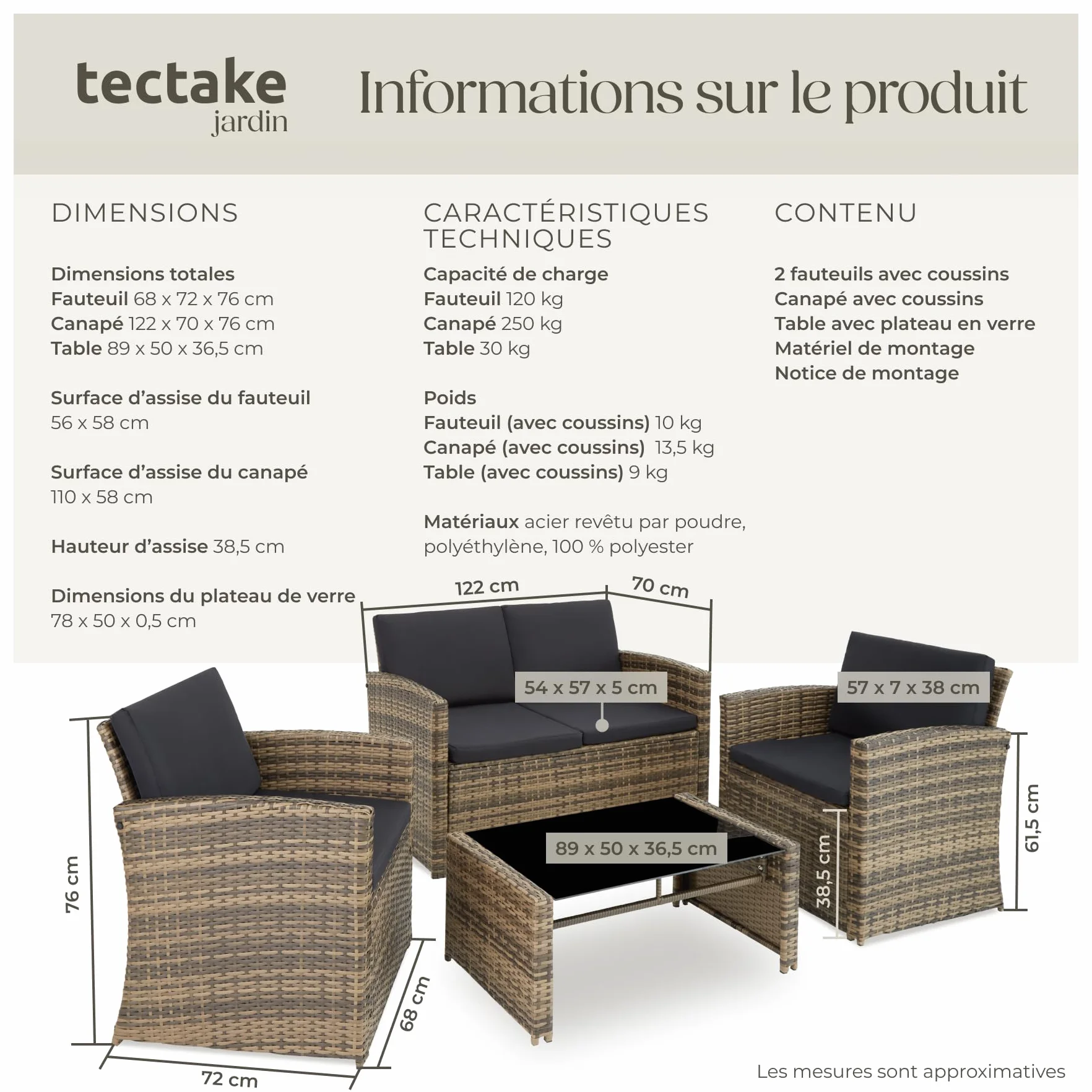 Tectake Salon de Jardin Résine tressée 4 Places Table Canapé 2 Fauteuils Coussins Inclus Marron Naturel Gris foncé