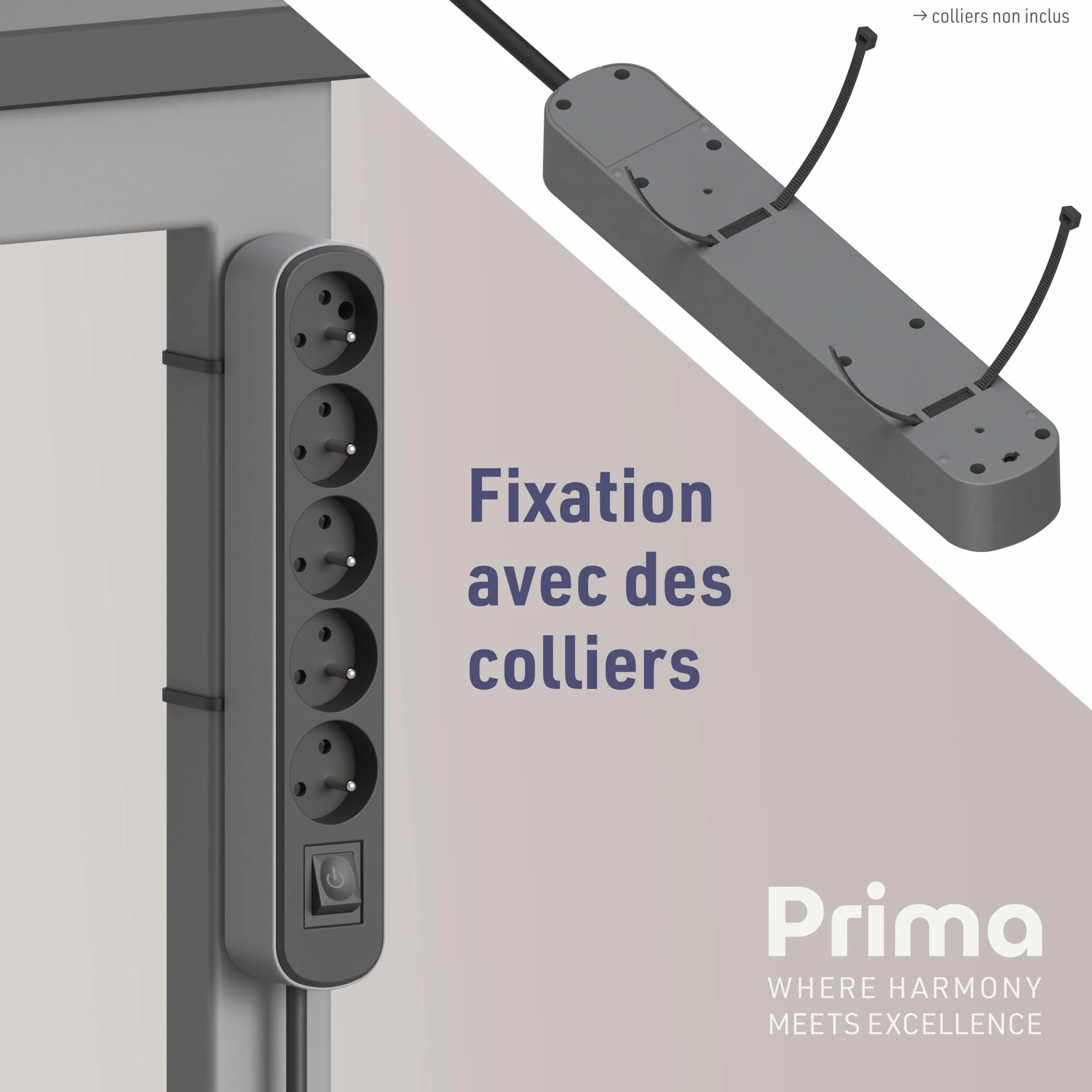 Electraline Bloc Multiprise Prima 5 Prises 16A Interrupteur 1.5 Mètres Noir Gris