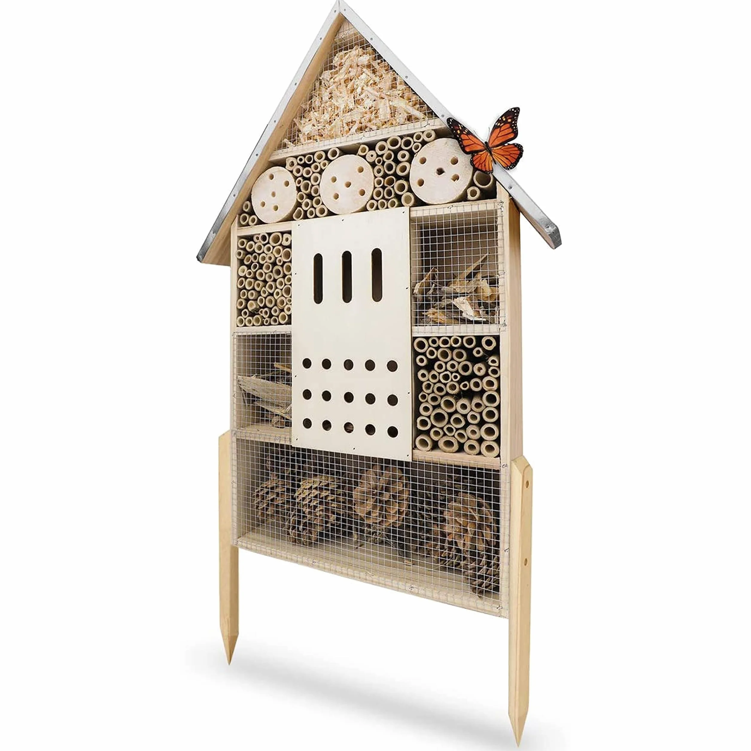 Hôtel pour Insectes XXL Debout 76cm Toit Métallique Grand Non Traité Maison pour Abeilles Papillons