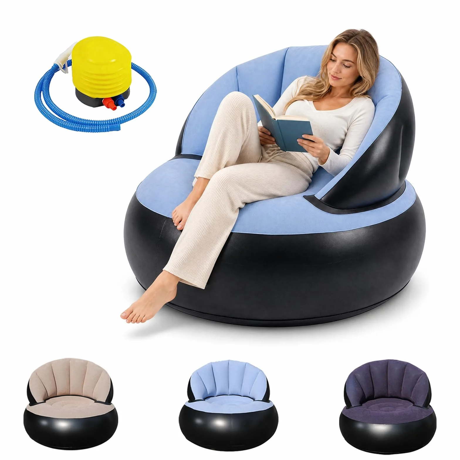 Canapé Gonflable avec Surface Floquée, Étanche Pouf Gonflable avec Pompe, Fauteuil Gonflable Exterieur et Intérieur pour Camping, Voyages, Piscine(Bleu Clair)