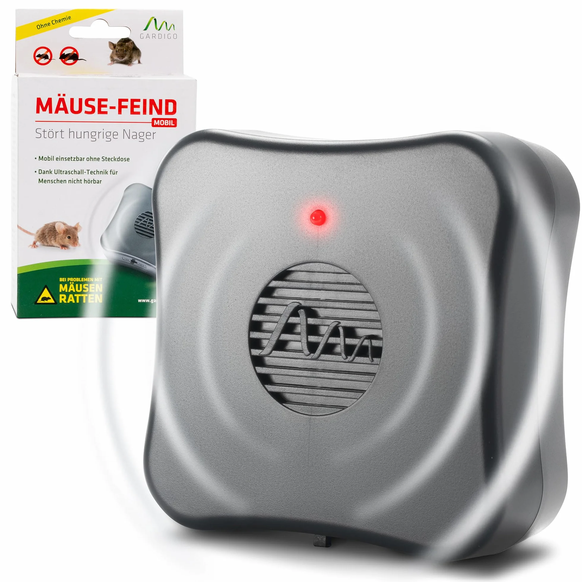 GARDIGO® Répulsif Ultrason Anti-Souris et Rats – Dispositif Mobile à Piles sans Produits Chimiques – Portée 40 m² – Anti Rongeur Écologique pour Cave, Grenier, Garage, Entrepôt, Jardin
