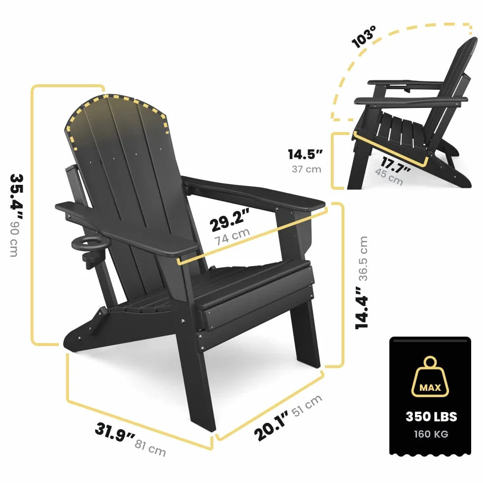 Fauteuil Adirondack pliant Sleek Space pour jardin, patio ou terrasse - Accoudoirs et porte-gobelet - Légère, résistante - Meubles d'extérieur élégants et durables pour terrasse, plage, piscine (Noir)