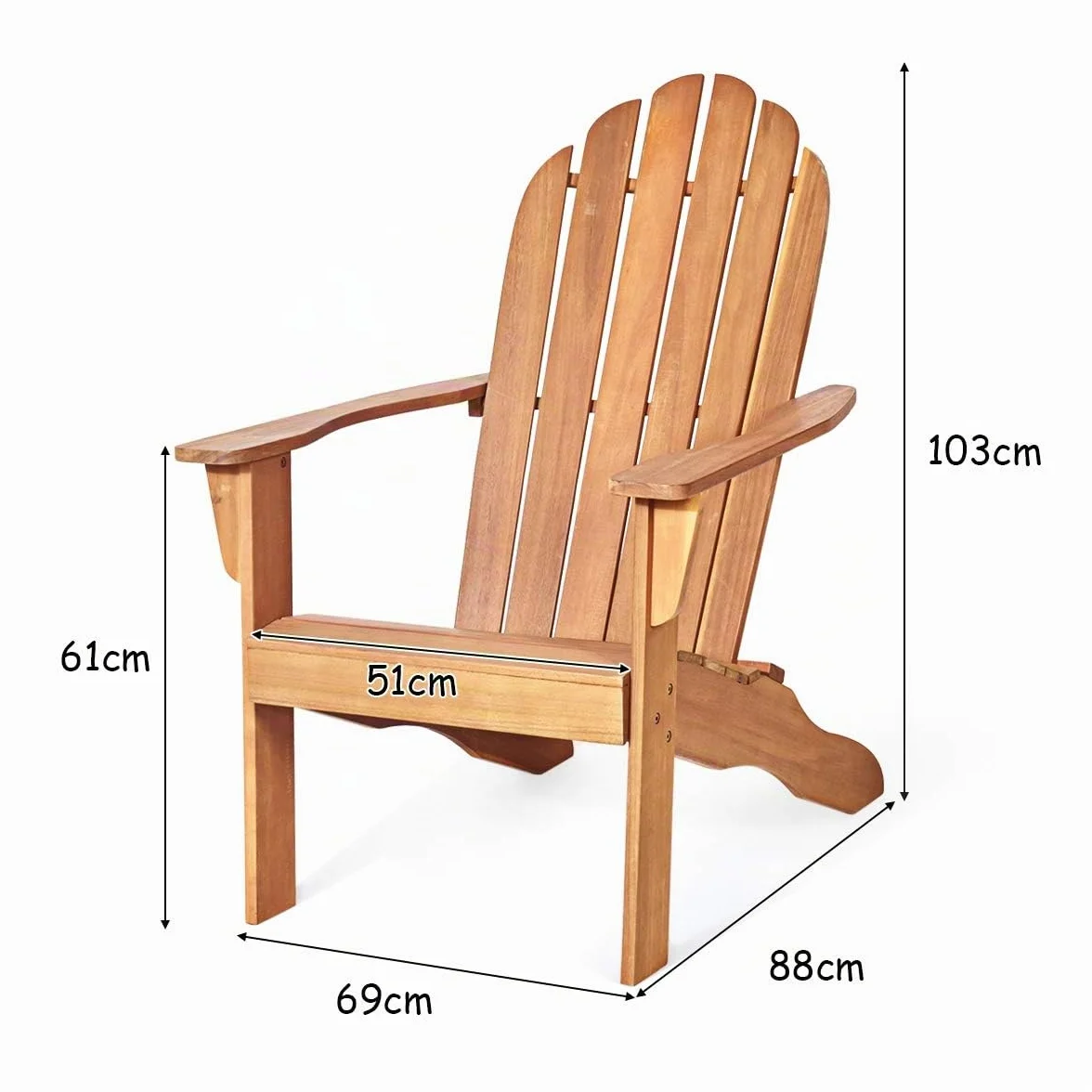 GIANTEX Fauteuil de Jardin en Bois, Fauteuil Adirondack avec Accoudoirs& Dossier Confortable, Chaise de Relaxation, Supporte 160 kg, Chaise Longue Exterieur pour Jardin, Patio, Terrasse (Naturel)