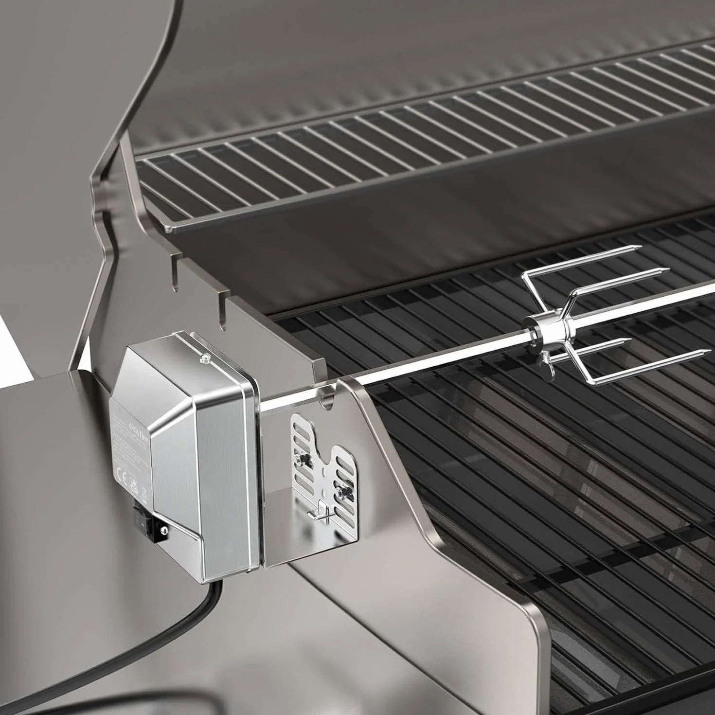 onlyfire Universelles Barbecue Rôtisserie Set 90 cm Carré 8x8mm Tournebroche + 2 x Brochettes Aiguilles et Moteur en Acier Inoxydable, Tourne Broche Electrique, 220 V - 240 V