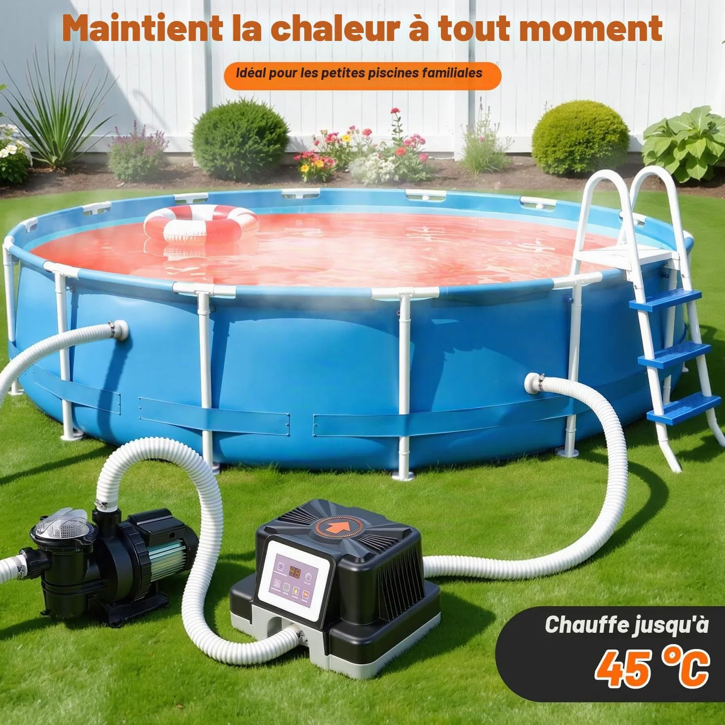 Chauffage de piscine électrique 3 kW, protection FI, anti-basculement, affichage numérique, étanche, pour piscines hors sol 3 m³, raccord 32-38 mm