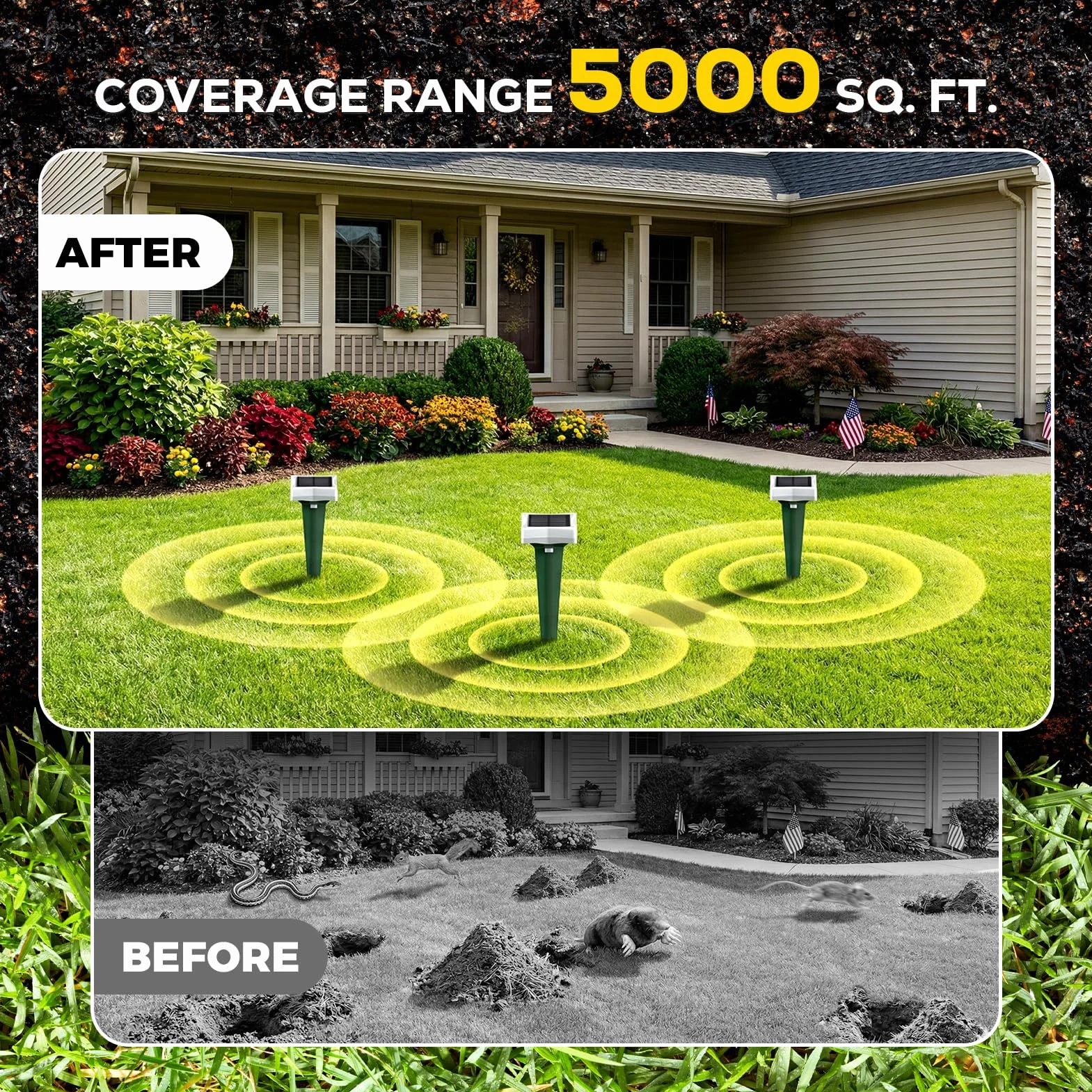 Anti Taupe Solaire avec LED et 3 Modes, 2/4 pièce Piege A Taupe pour Jardin, Large portée et Protection Contre l'eau Repulsifs Ultrasons pour Taupes, Rats, Serpents (2, Vert)