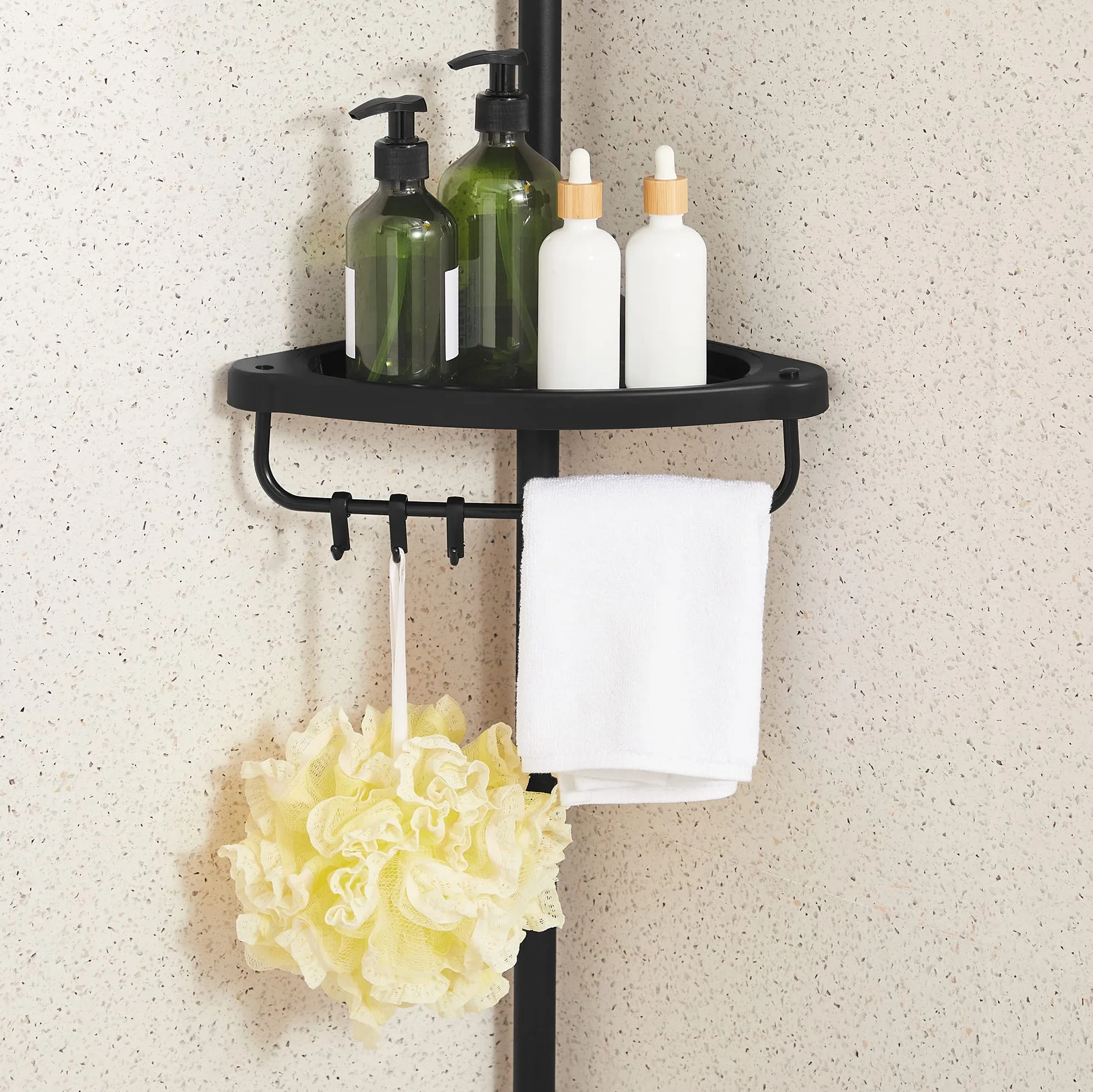SONGMICS Étagère de Douche Réglable 4 Niveaux, Étagère d'angle Télescopique, Hauteur 85-305 cm, Rangement Salle de Bain Noir