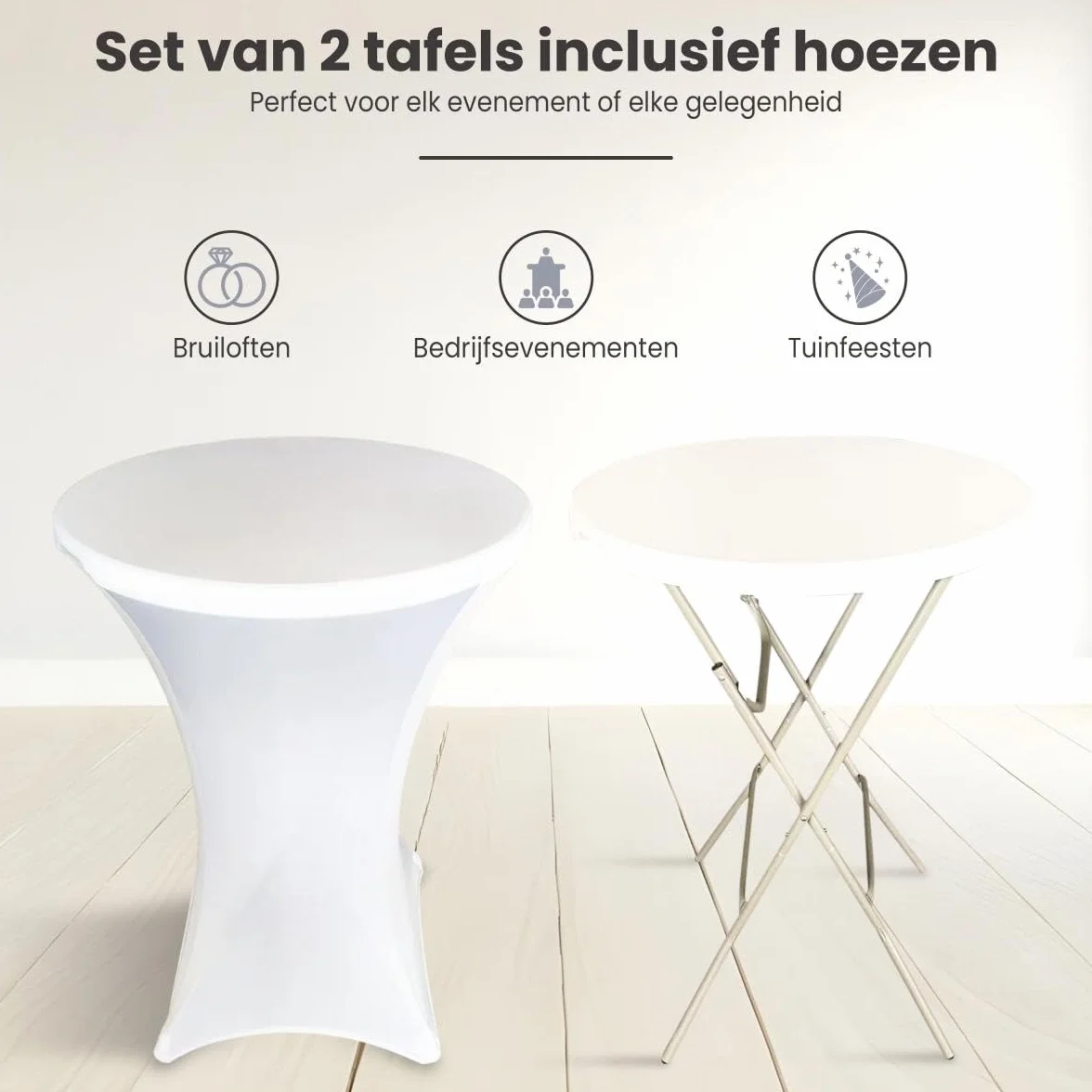 Tables Debout Lot de 2 avec Housses Blanches Ø80x110 cm - Tables de Fête Pliantes avec Plateau HDPE Résistant à l'eau et Cadre en Acier - Idéal pour Fêtes, Mariages & Evénements