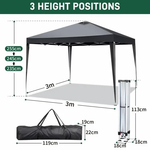 Bonnlo Tonnelle de Jardin Pliante 3x3 imperméable/Tente Pop-up Inclus Sac de Transport/Barnum Pliant Exterieur Rapide à Installer/Gazebo avec Paquet de 4 Poids Lourd Sable,Gris