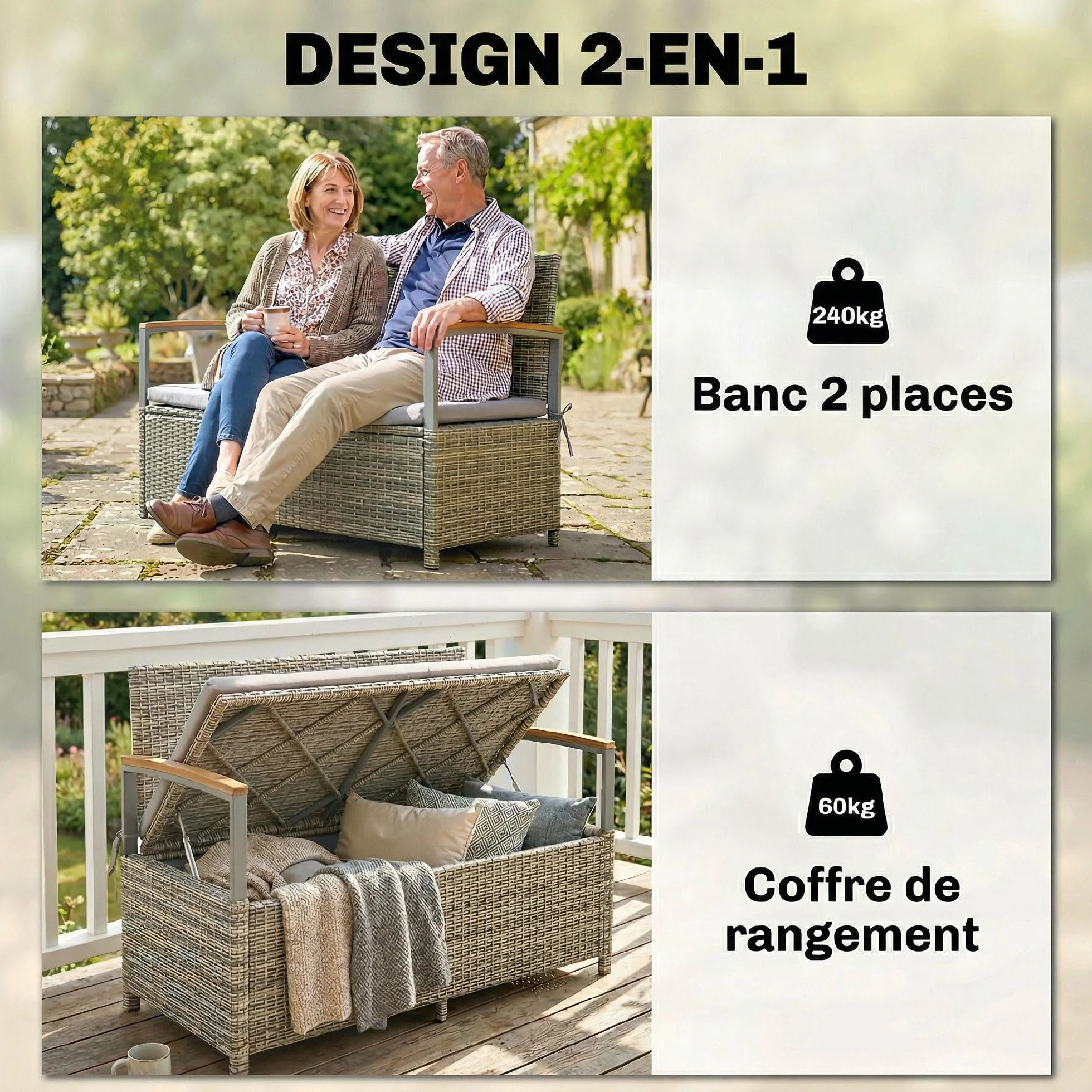 Banc de Jardin avec Coffre de Rangement 170L Outsunny Banquette 2 Places Résine Tressée Coussin Déhoussable Accoudoirs Bois d'Acacia Vérin à Gaz Gris
