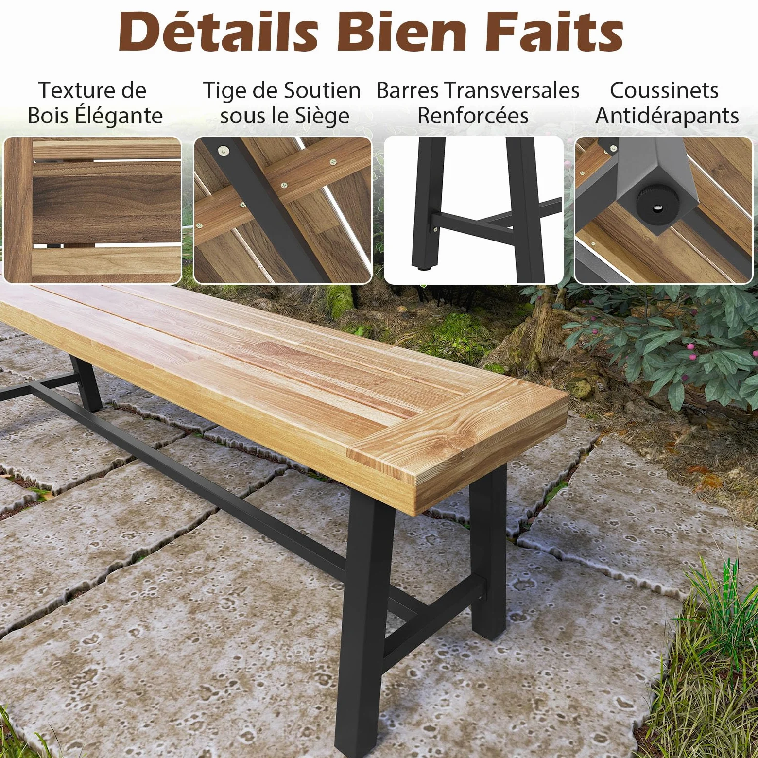GOPLUS Banc de Terrasse de 160 cm, Banc de Salle à Manger Long en Bois d'Acacia, Siège d'Extérieur sans Dossier pour 3 Personnes, Capacité 360 KG, pour Porche, Cour, Jardin (160x32x45cm,2)