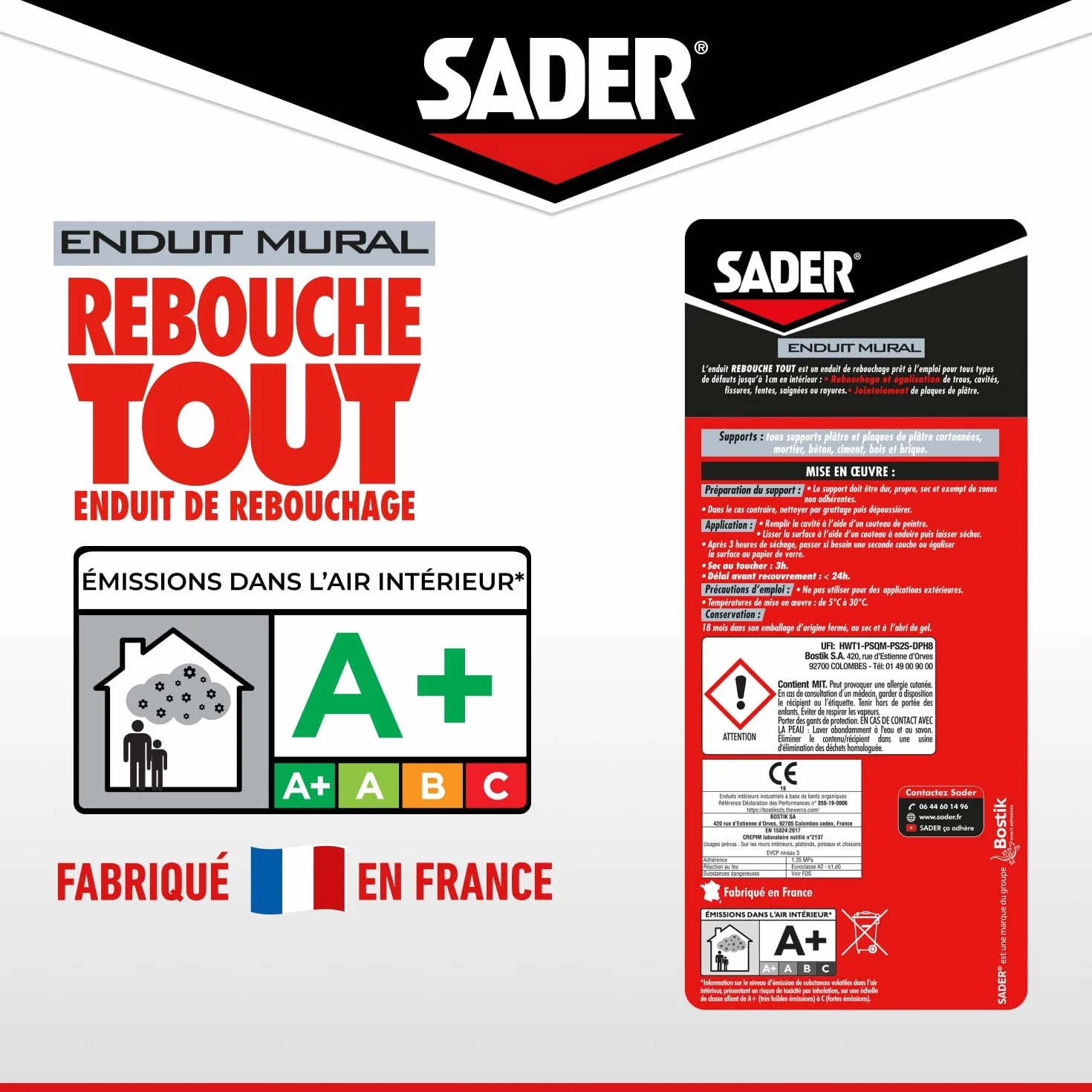 Sader Enduit de Rebouchage Intérieur Prêt à l’Emploi 1 cm 330 g