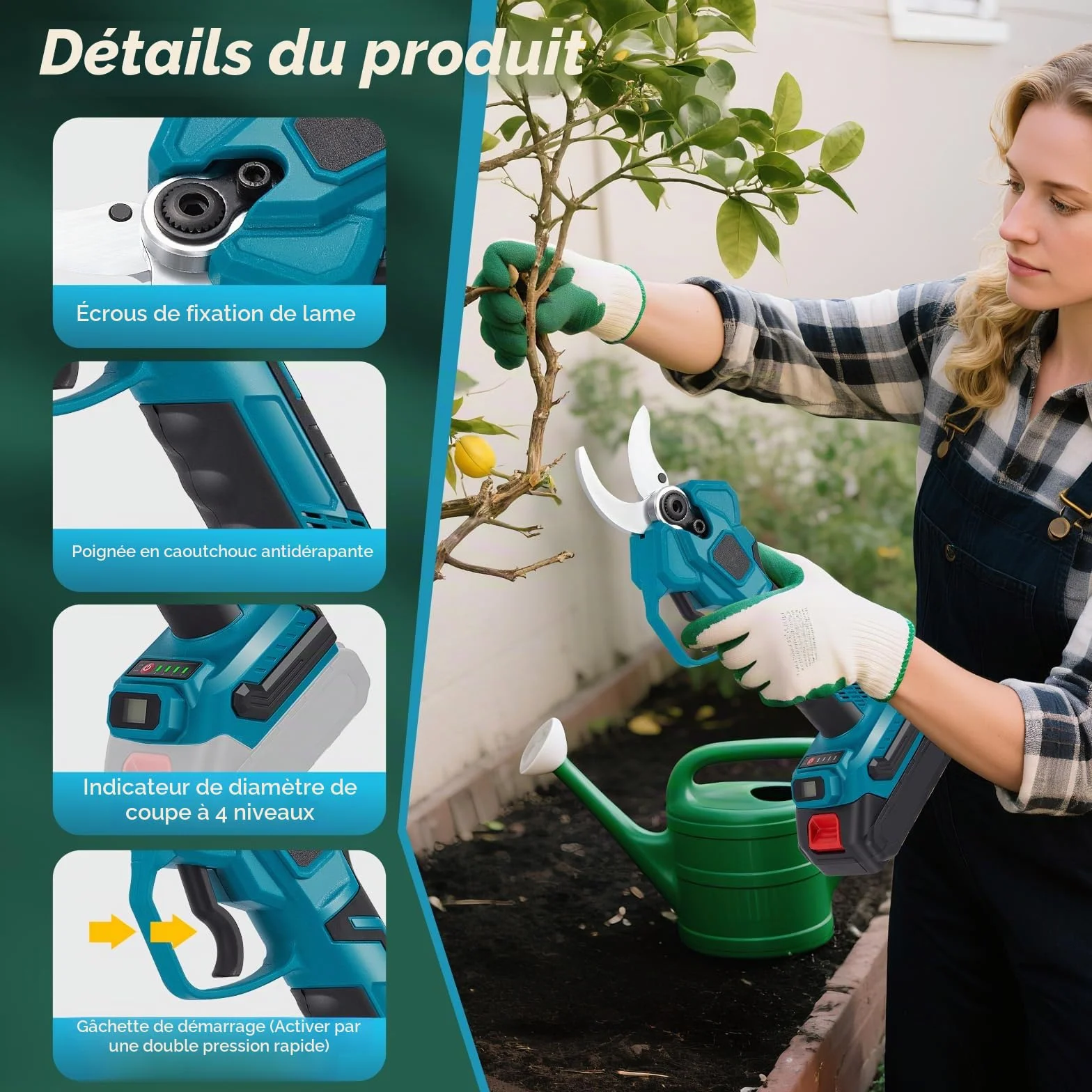 Sécateur professionnel sans fil - 40 mm - 800 W - Moteur sans balais - Avec compteur de coupe LED - Compatible avec batteries Makita 18 V (sans batterie)