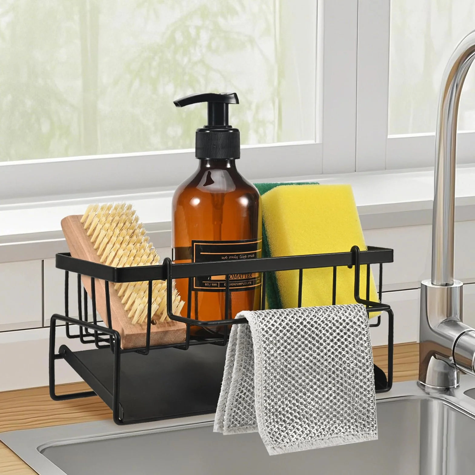 Support d'évier de Cuisine en Acier Inoxydable, Organisateur avec Bac de Vidange Automatique, Noir
