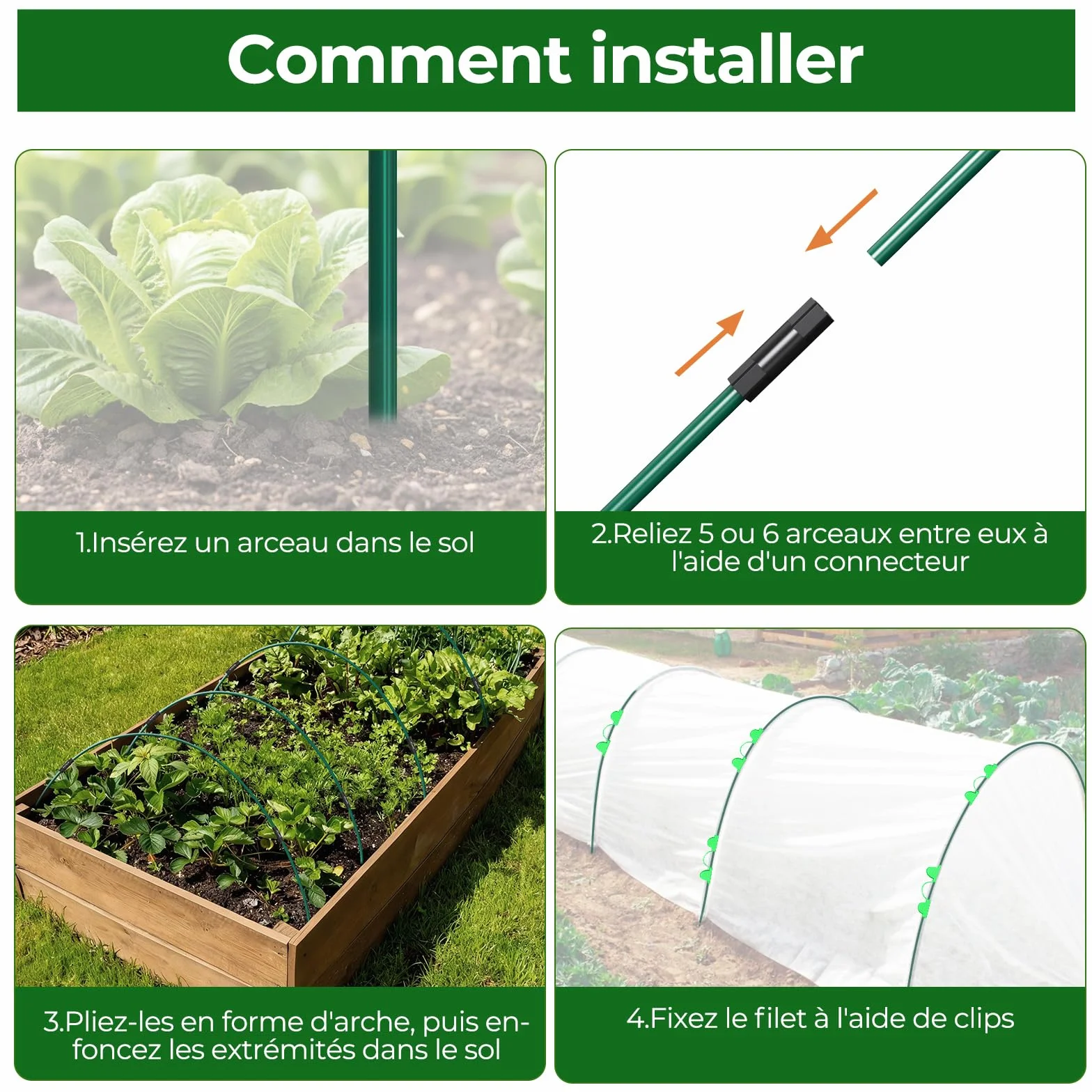 MYMULIKE Lot de 60 Tunnels de Culture pour Carrés Potagers, Arceaux de Tunnel de Plantes, Kit de 12 Arceaux de Jardin en Fibre de Verre, Arceaux de Serre pour Légumes, Fleurs et Fruits