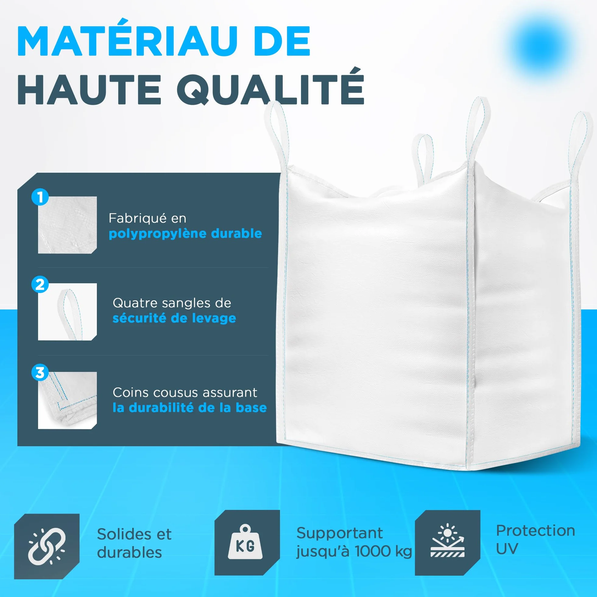 Big Bag 1000kg 90x90x90 cm Sac Gravats Résistant Réutilisable Jardin Chantier