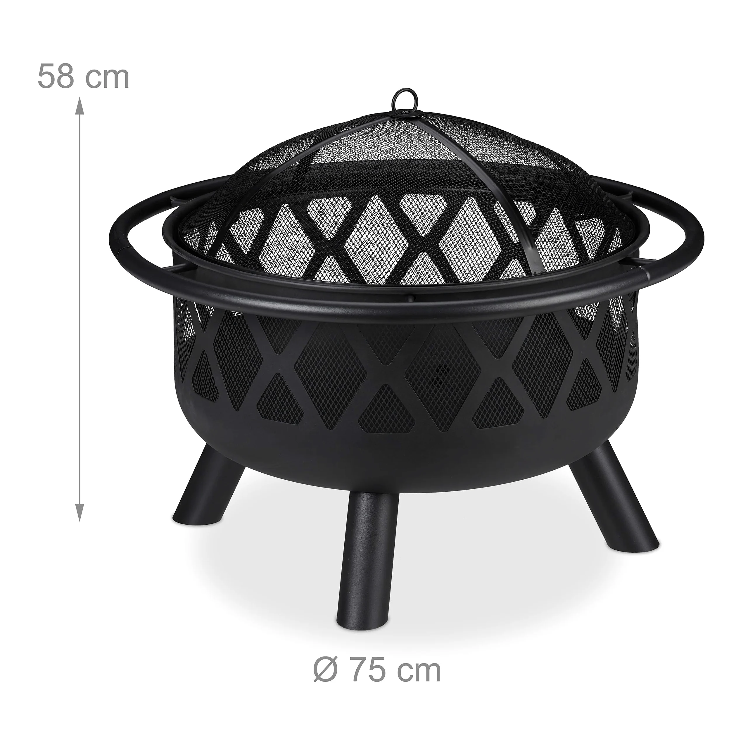 Relaxdays Brasero avec Protection étincelles, Jardin et terrasse, tisonnier, Foyer extérieur, en Acier; D 75 cm, Noir