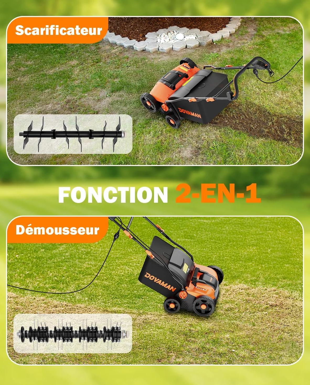 DOVAMAN DS16A 2-en-1 Scarificateur & Aérateur Électrique, 1500W, Largeur 40cm, 5 Profondeurs Réglables, Design Pliable, Bac 45L, Hauteur Réglable, Léger, Idéal pour Scarifier et Aérer